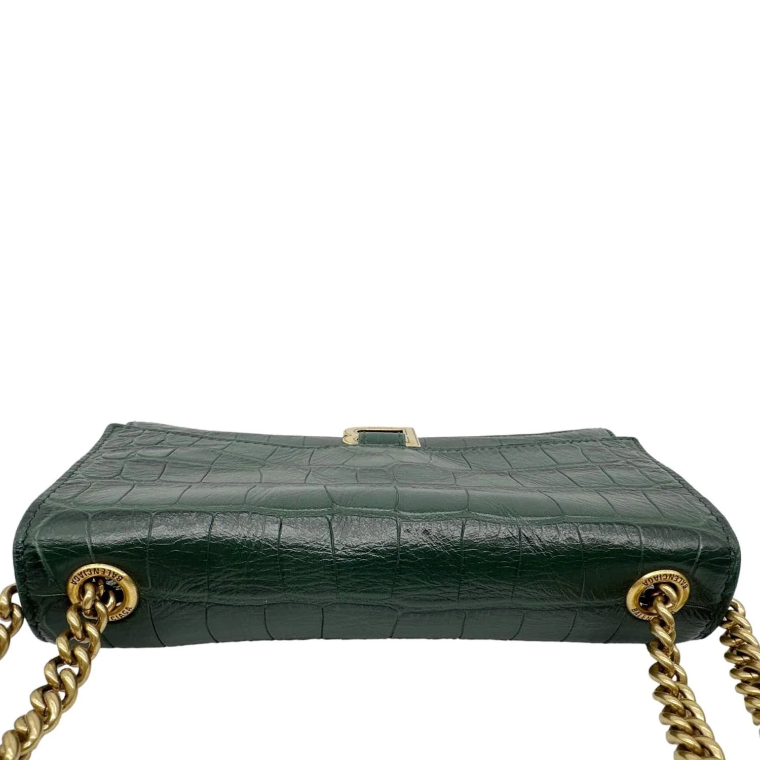 BALENCIAGA Crush Crocodile Embossed Leather Chain Crossbody Bag Green - Image 4