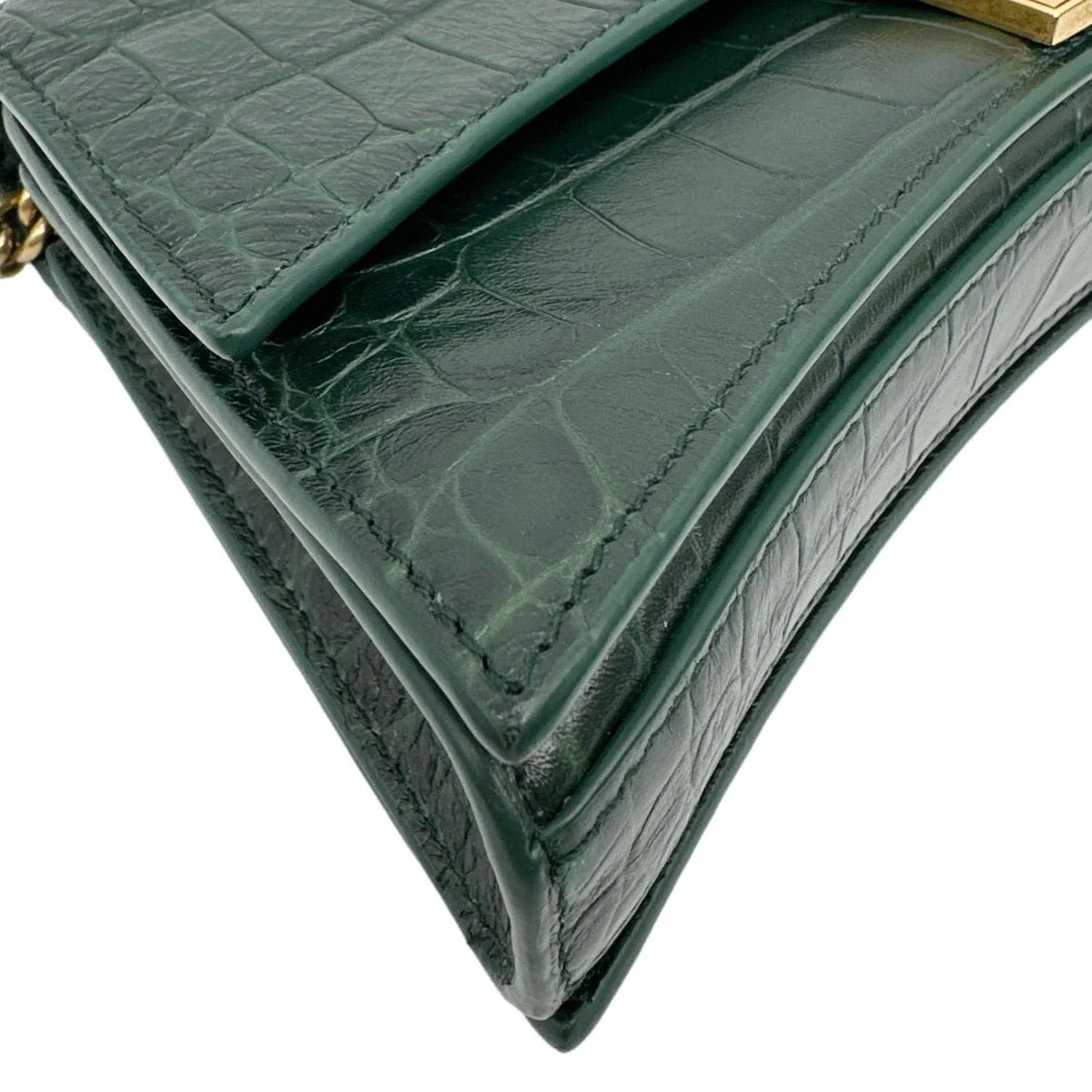 BALENCIAGA Crush Crocodile Embossed Leather Chain Crossbody Bag Green - Image 8