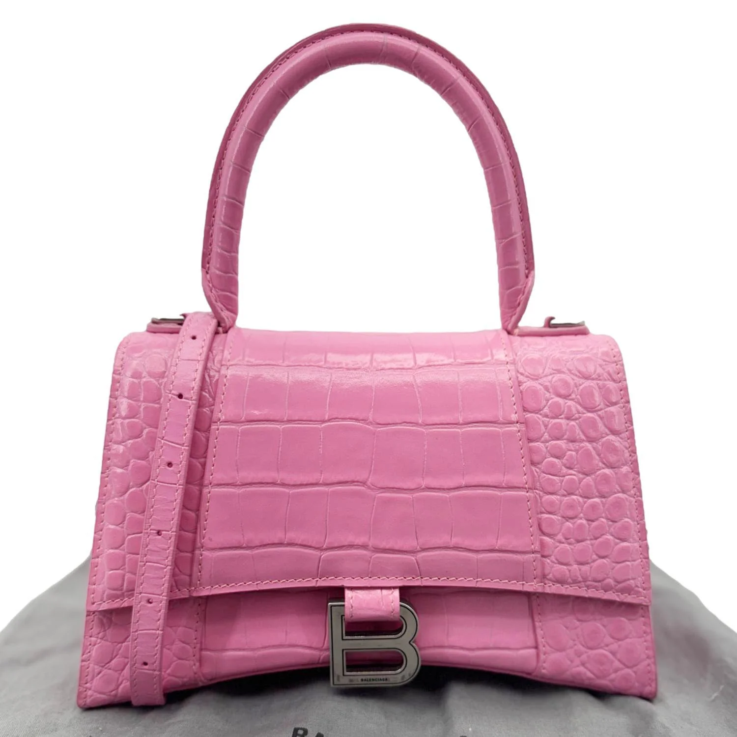 BALENCIAGA Hourglass Crocodile Embossed Leather Top Handle Shoulder Bag Pink - Image 3