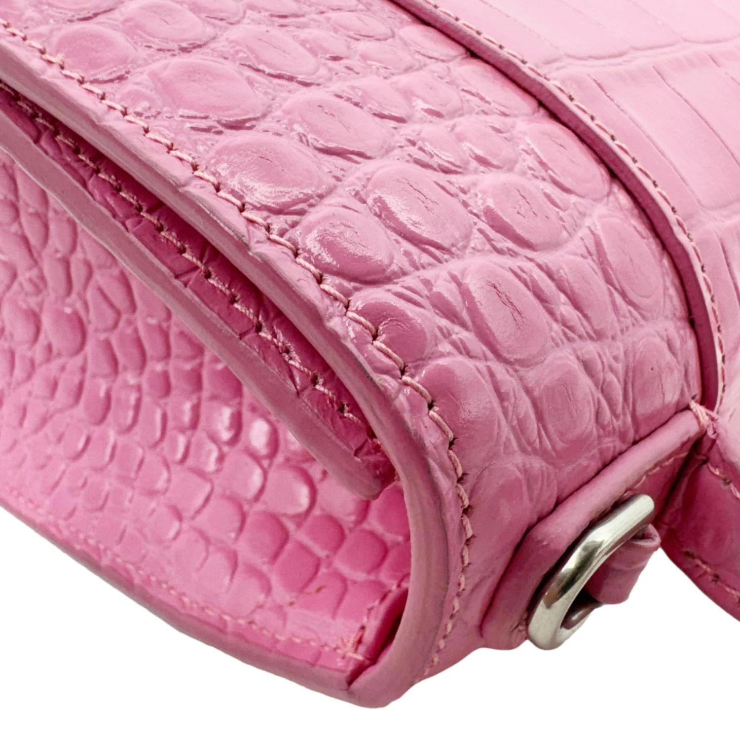 BALENCIAGA Hourglass Crocodile Embossed Leather Top Handle Shoulder Bag Pink - Image 6