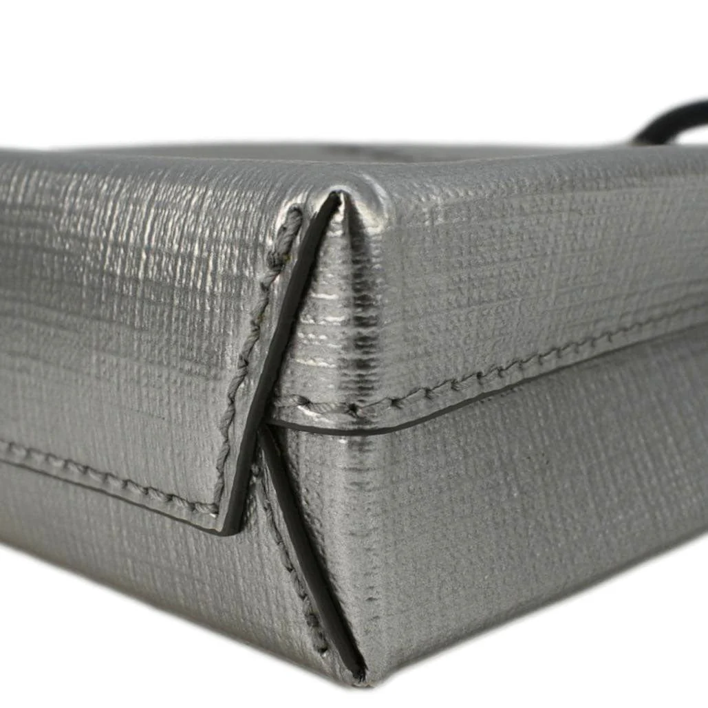 BALENCIAGA Metallic Logo Leather Shopping Phone Holder Silver - Image 7
