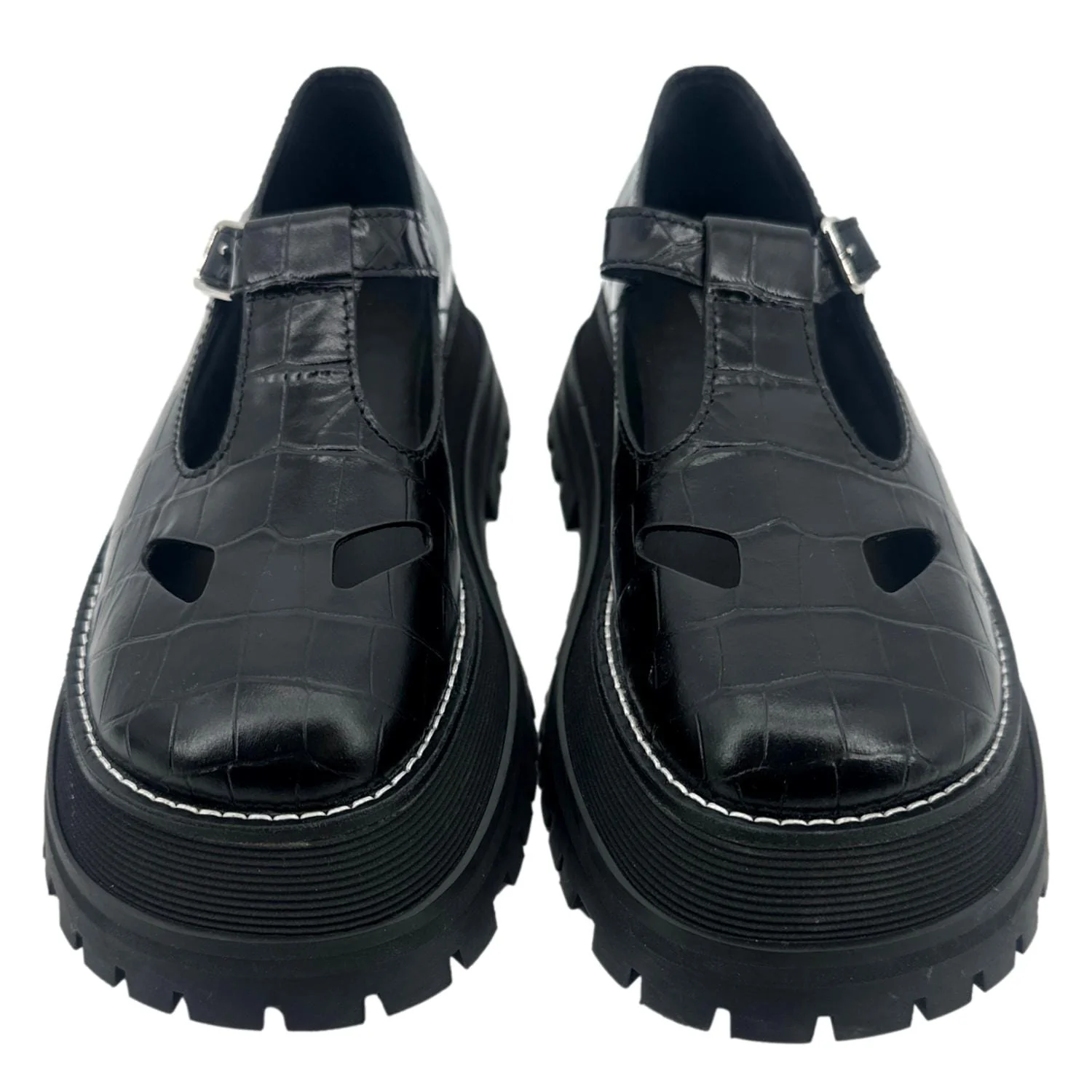 BURBERRY Aldwych T Bar Embossed Leather School Shoes Black - Image 2
