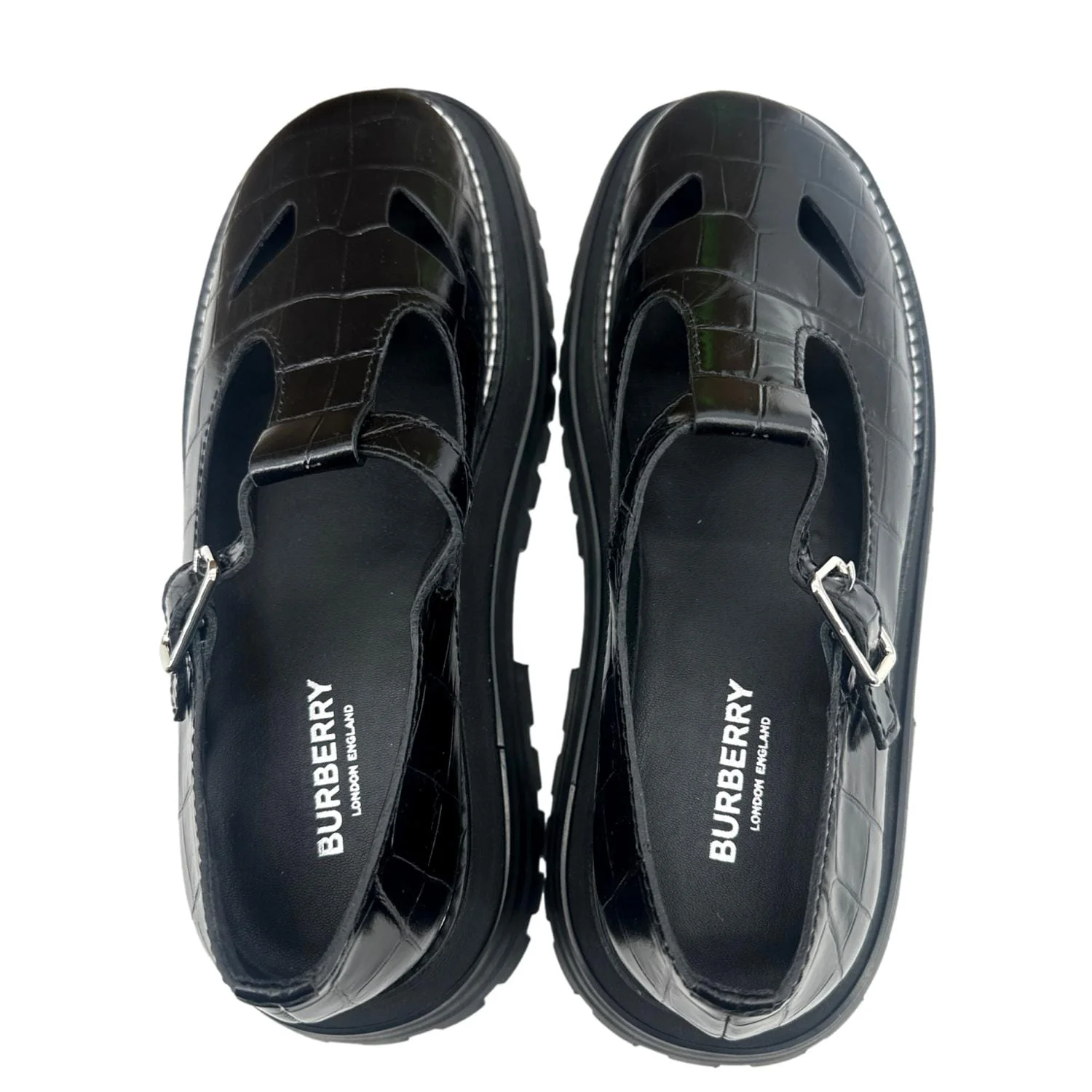 BURBERRY Aldwych T Bar Embossed Leather School Shoes Black - Image 5