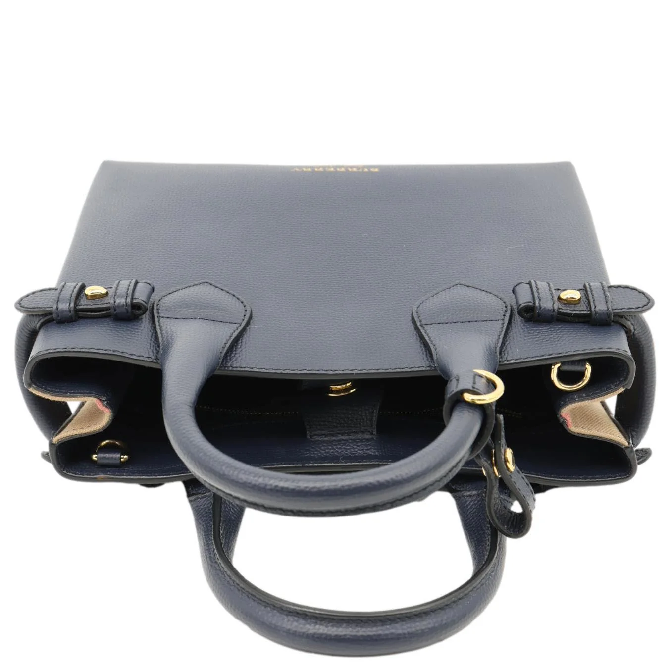 BURBERRY Banner Small House Check Leather Tote Bag Navy Blue - Image 5