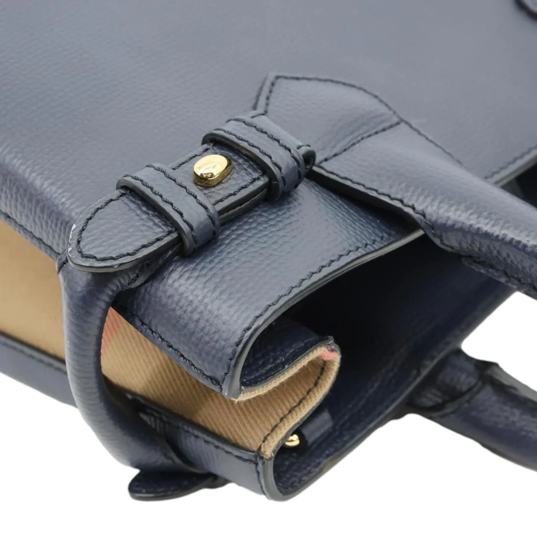 BURBERRY Banner Small House Check Leather Tote Bag Navy Blue - Image 6