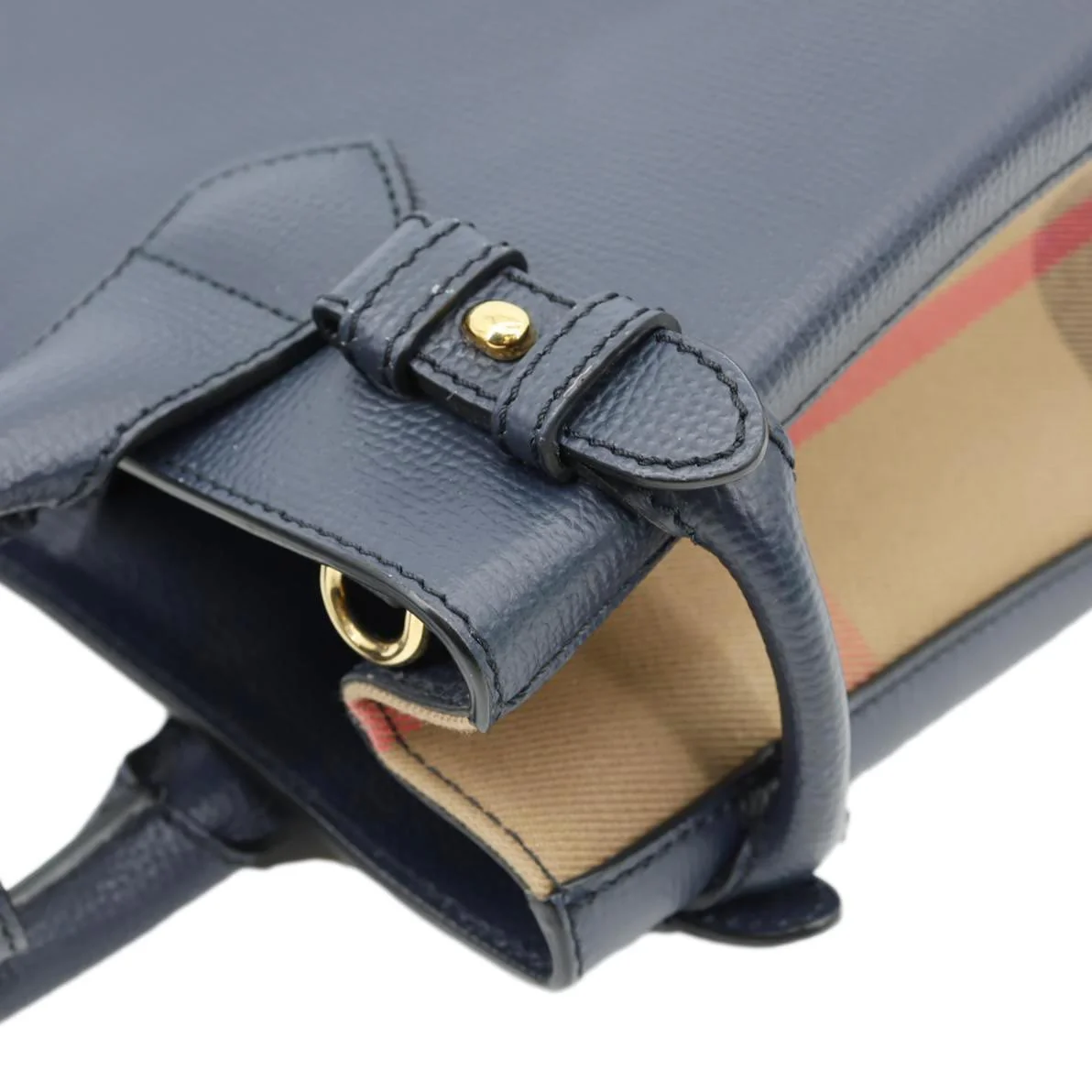 BURBERRY Banner Small House Check Leather Tote Bag Navy Blue - Image 7