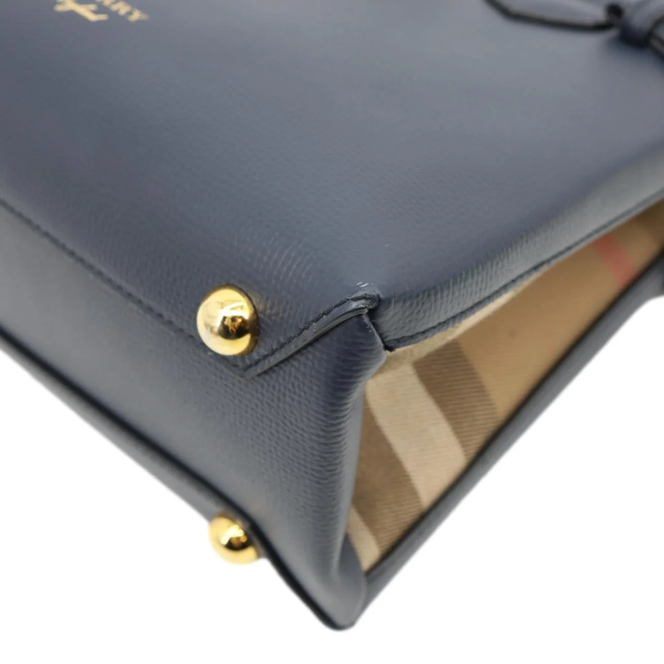 BURBERRY Banner Small House Check Leather Tote Bag Navy Blue - Image 8