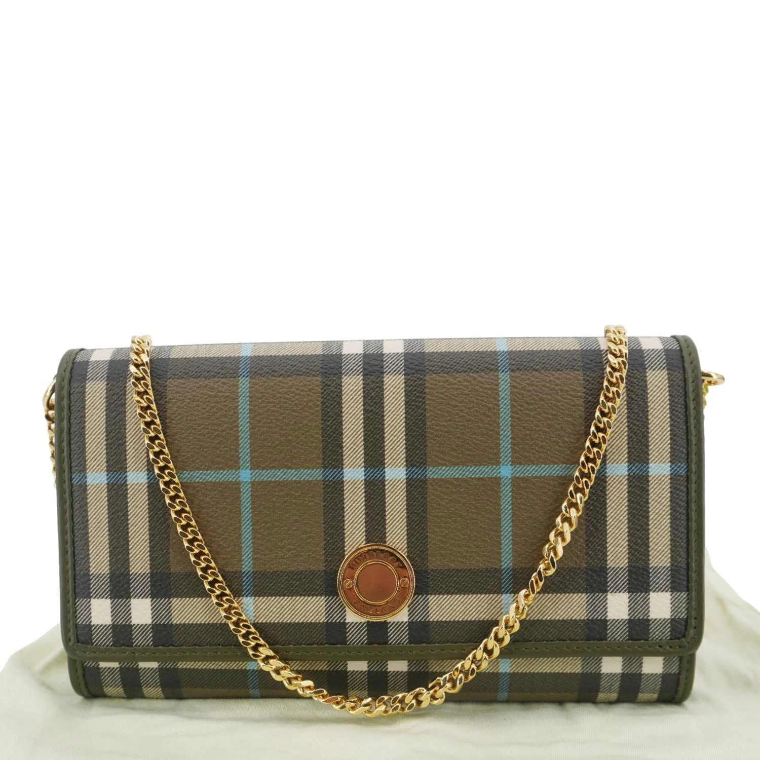 BURBERRY Check Canvas Chain Crossbody Bag Olive Green - Image 3