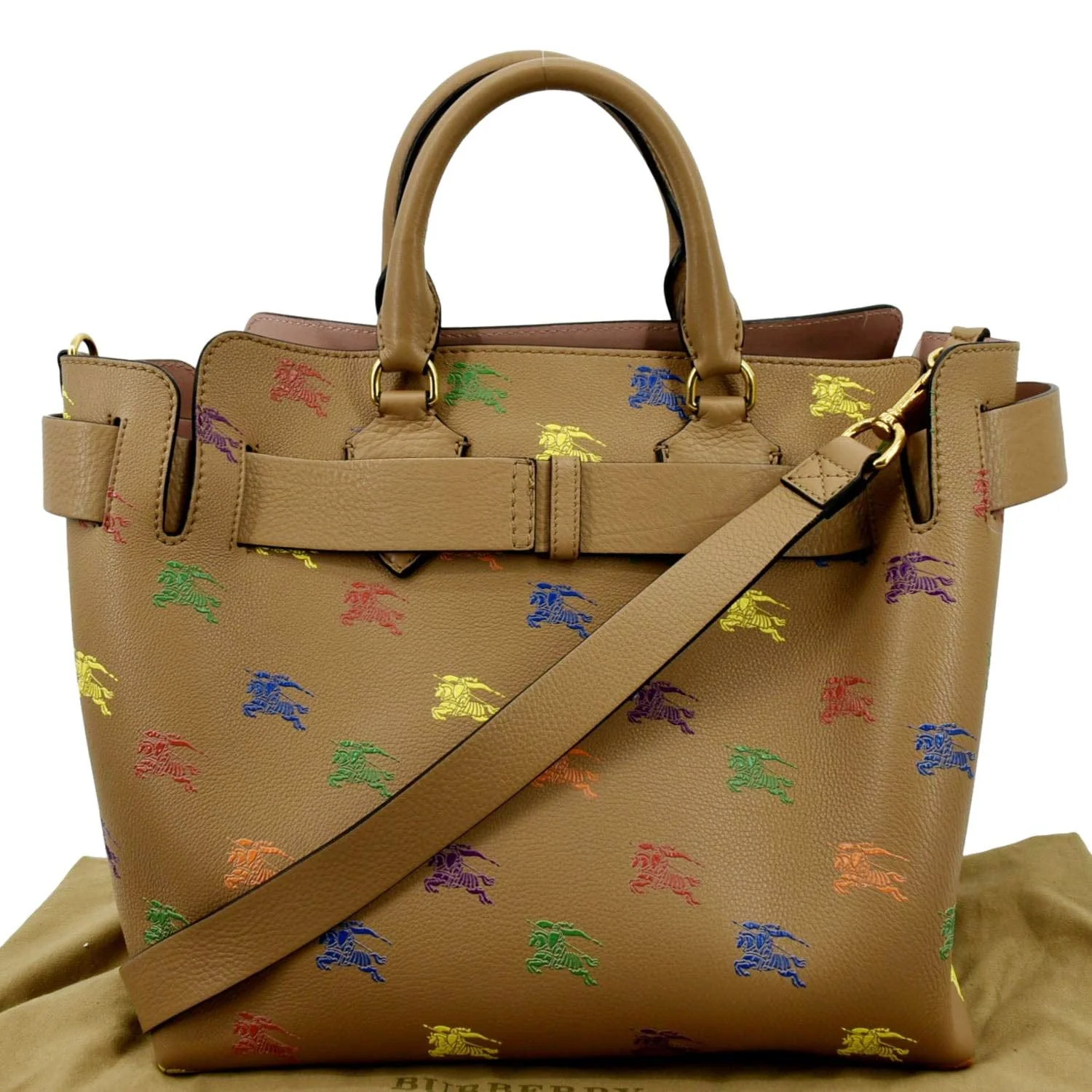 BURBERRY Horse Rainbow Baby Belt Printed Leather Tote Bag Camel - Image 3