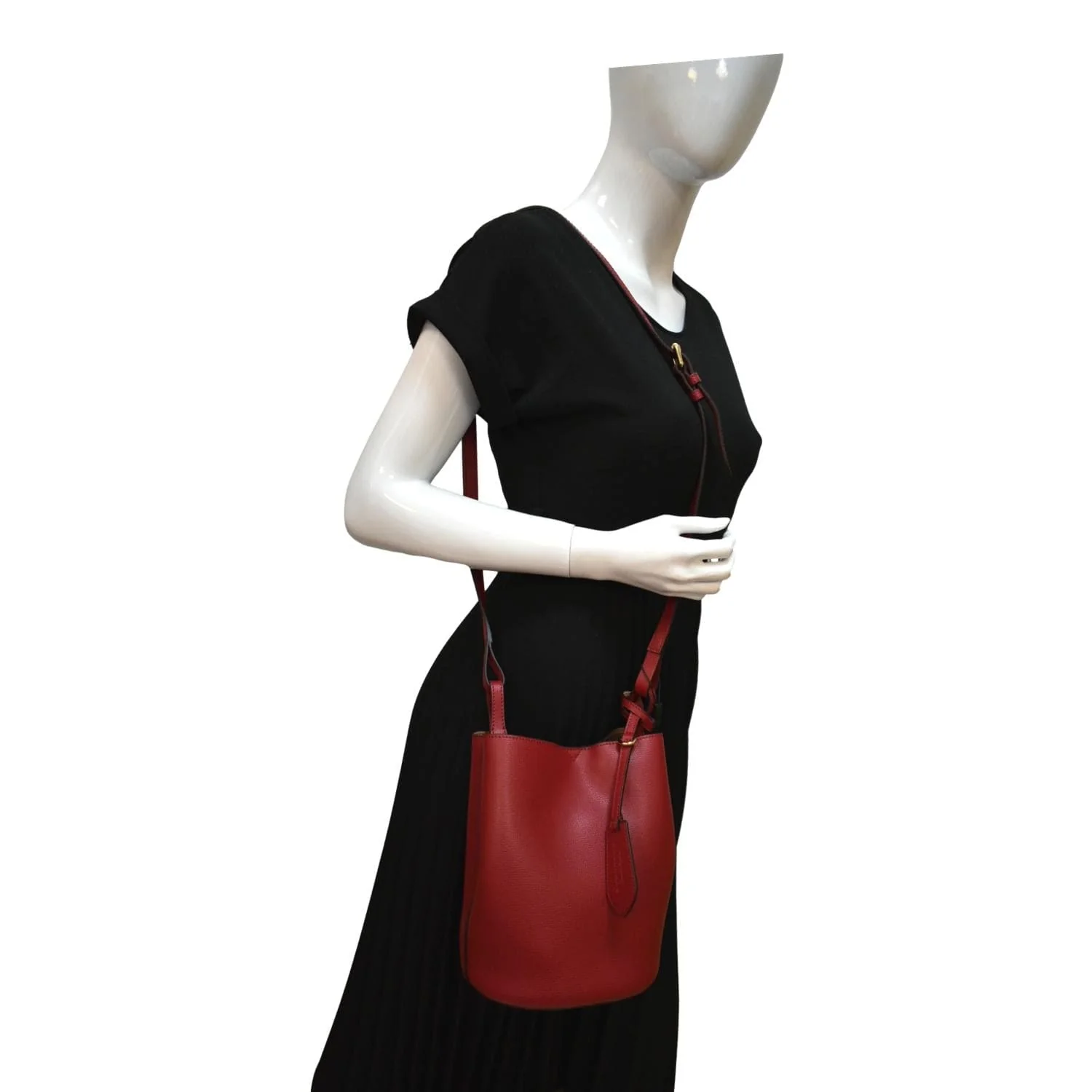 BURBERRY Reversible Haymarket Check Leather Bucket Crossbody Bag Red - Image 2