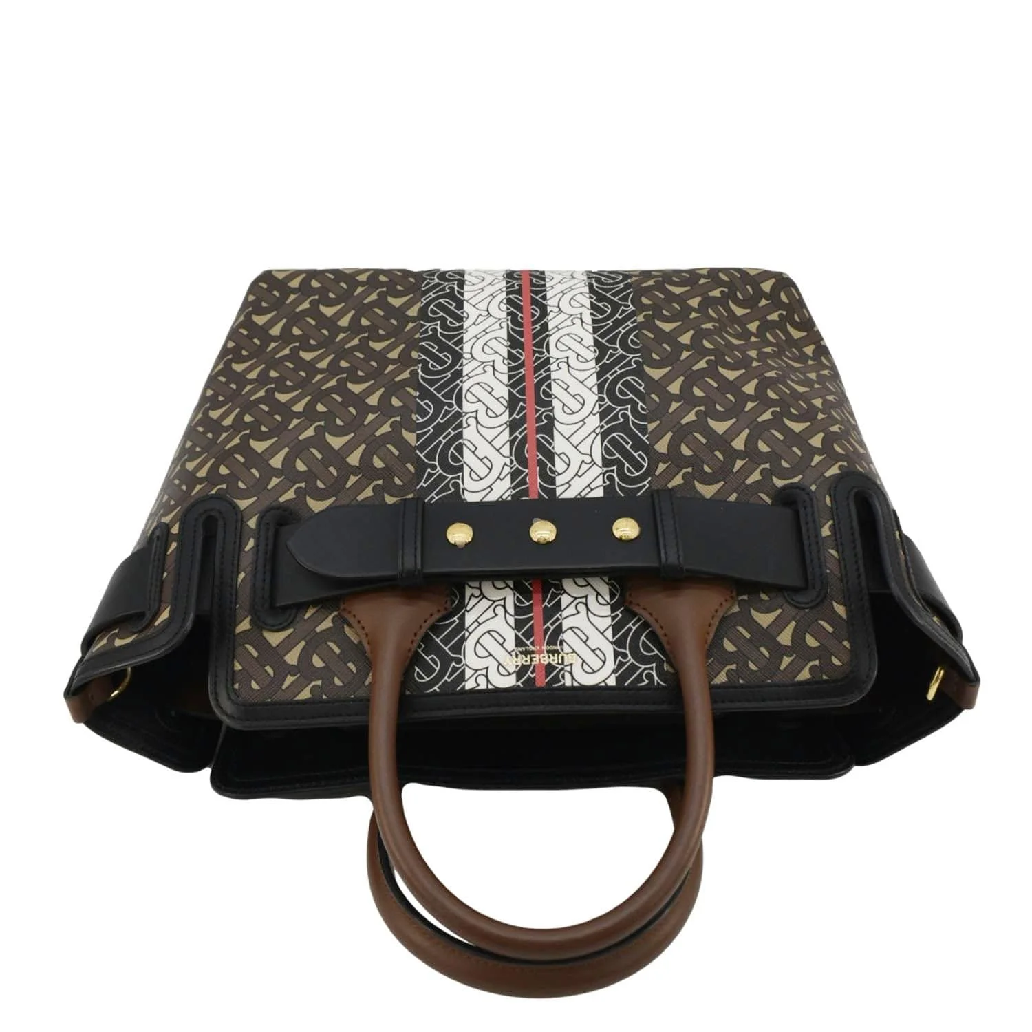 BURBERRY Belted Small Monogram Stripe E-Canvas Tote Shoulder Bag Brown - Image 4