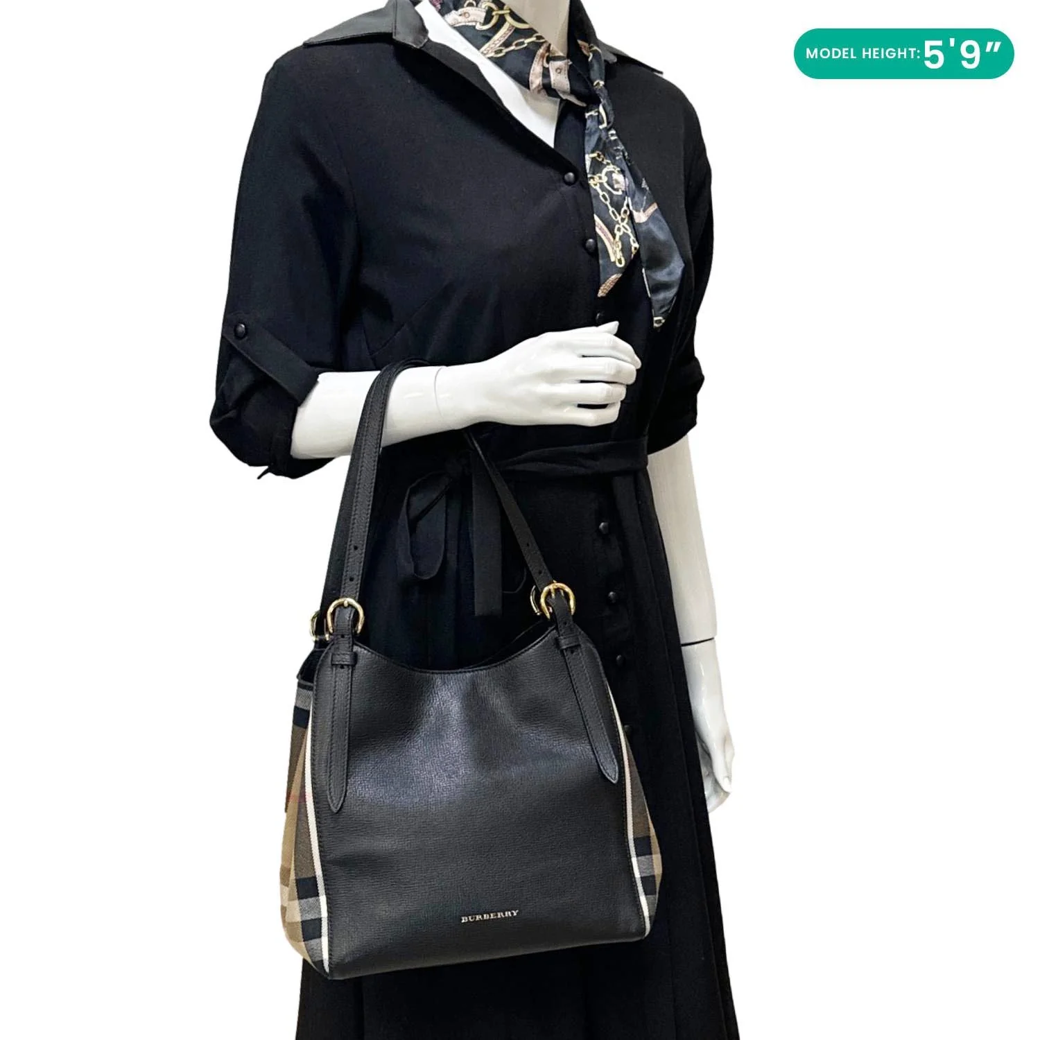BURBERRY Canterbury Small House Check Derby Leather Tote Bag Black - Image 3