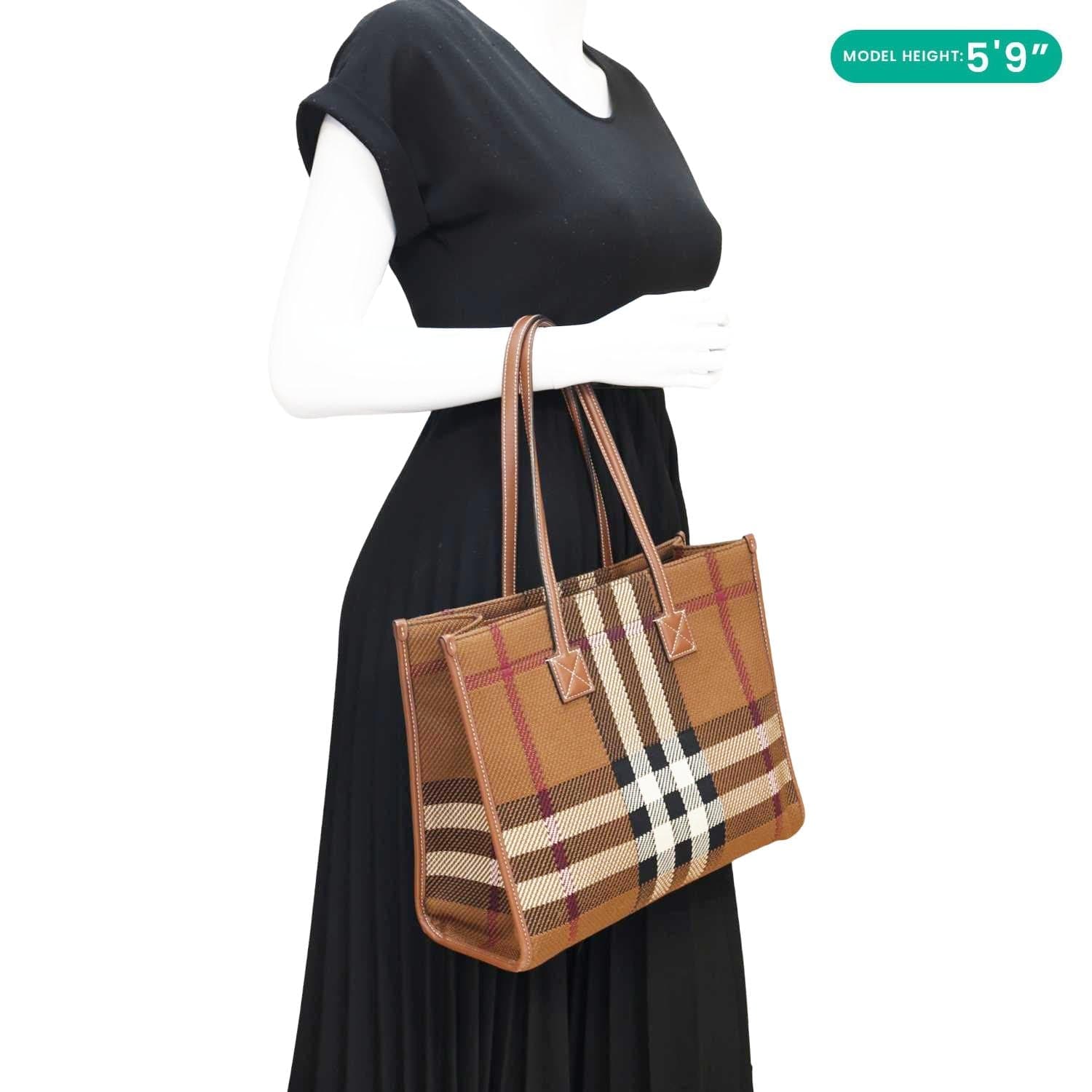 BURBERRY Freya Small Knitted Check Canvas Tote Bag Brown - Image 2