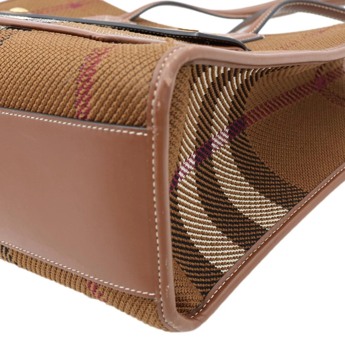 BURBERRY Freya Small Knitted Check Canvas Tote Bag Brown - Image 8