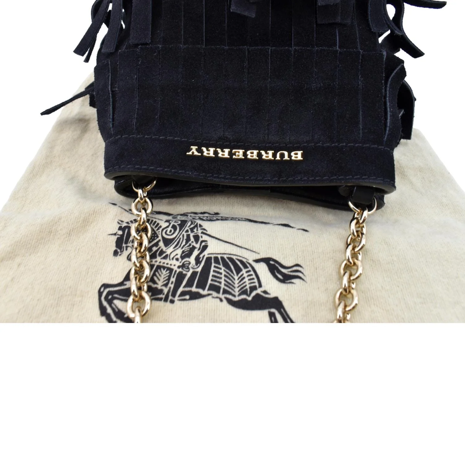 BURBERRY Mini Fringe Suede Crossbody Bucket Bag Black - Image 4