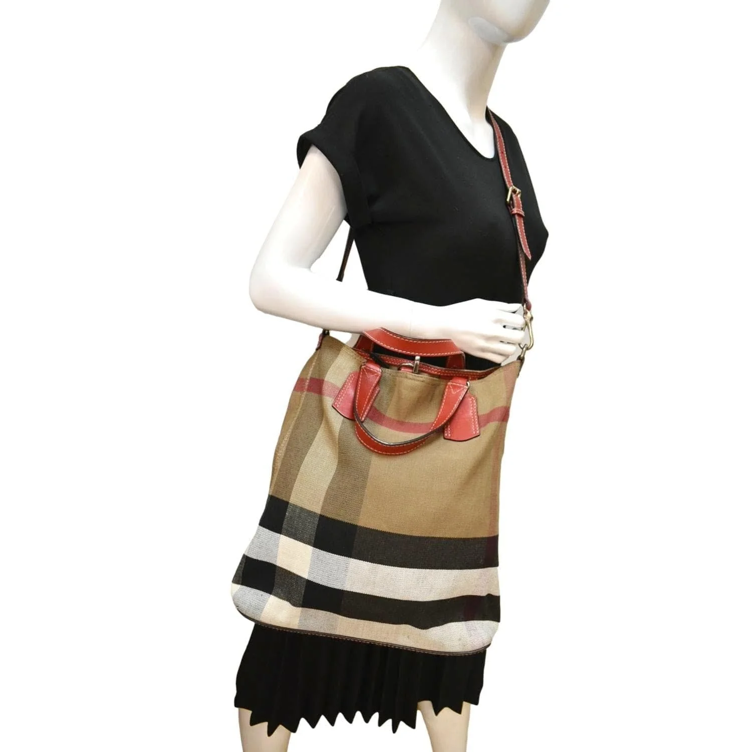 BURBERRY Susanna Medium Check Canvas Bucket Shoulder Bag Brown - Image 2