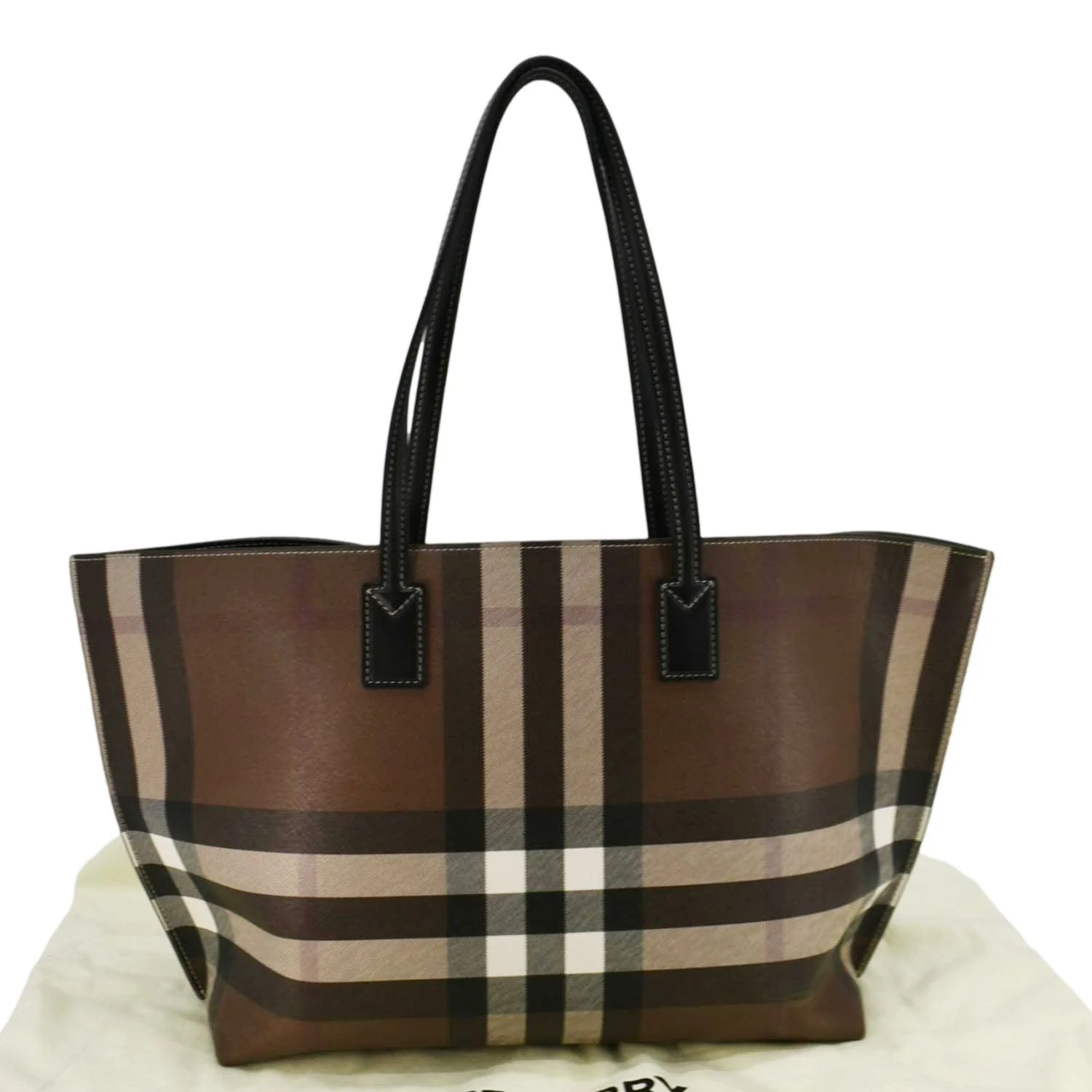 BURBERRY Check E-Canvas Tote Bag Brown - Image 3