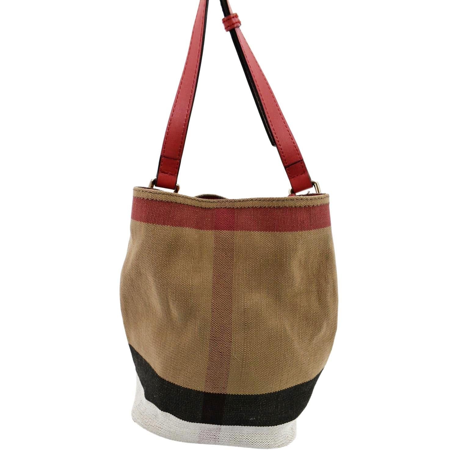 BURBERRY Susanna Check Canvas Bucket Shoulder Bag Red - Image 3
