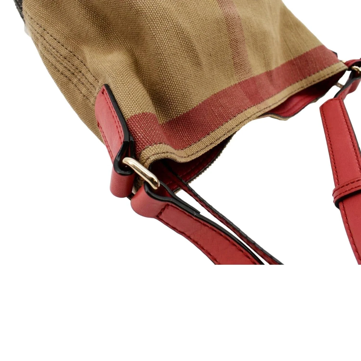 BURBERRY Susanna Check Canvas Bucket Shoulder Bag Red - Image 6