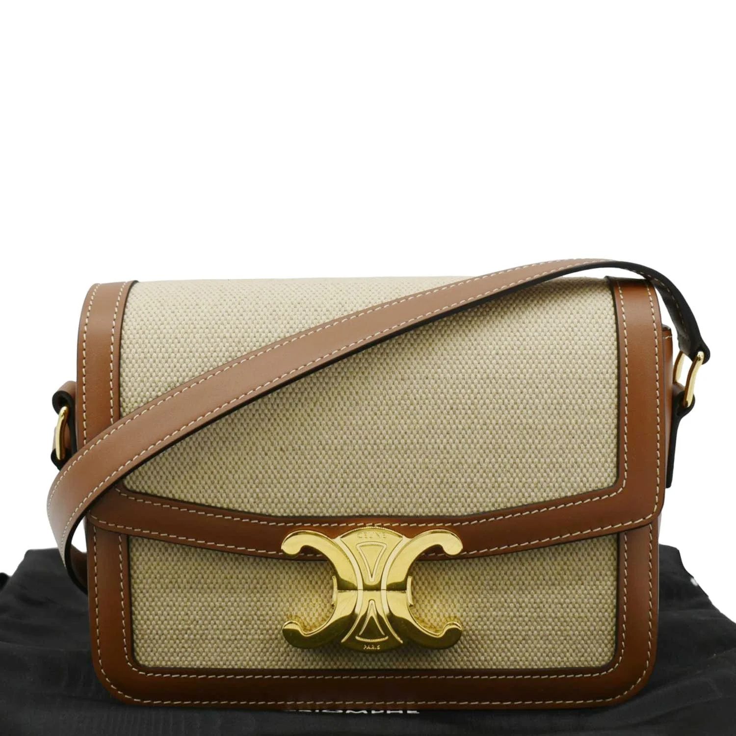 CELINE Triomphe Medium Leather Textile Shoulder Bag Light Brown - Image 3