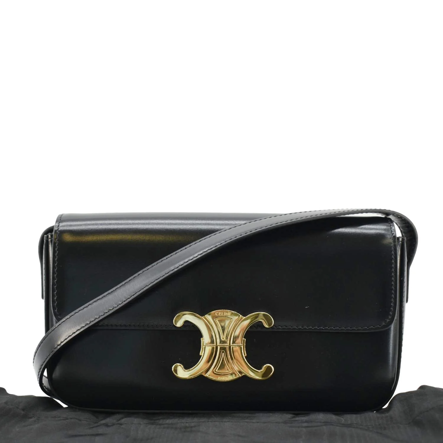 CELINE Triomphe Shiny Calfskin Leather Shoulder Bag Black - Image 3