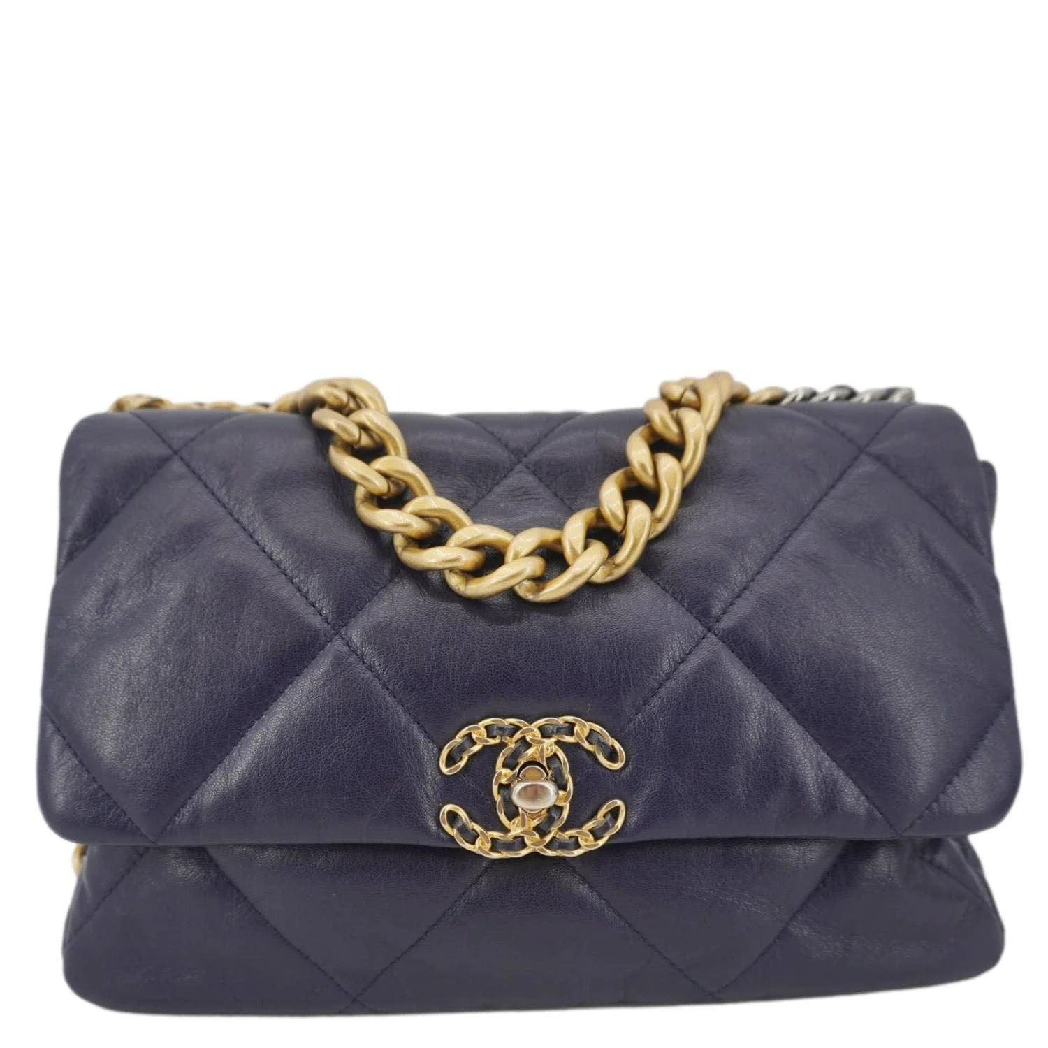 CHANEL 19 Flap Quilted Leather Chain Crossbody Bag Navy Blue - Image 3