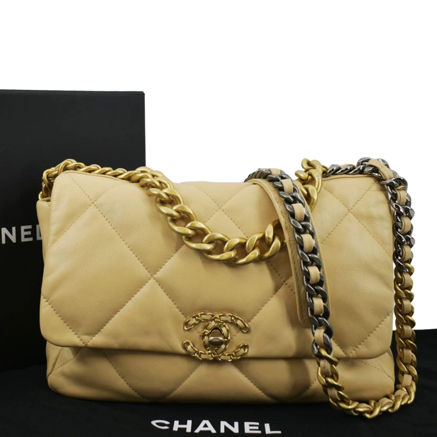 CHANEL 19 Small Flap Quilted Lambskin Leather Shoulder Bag Beige - Image 4