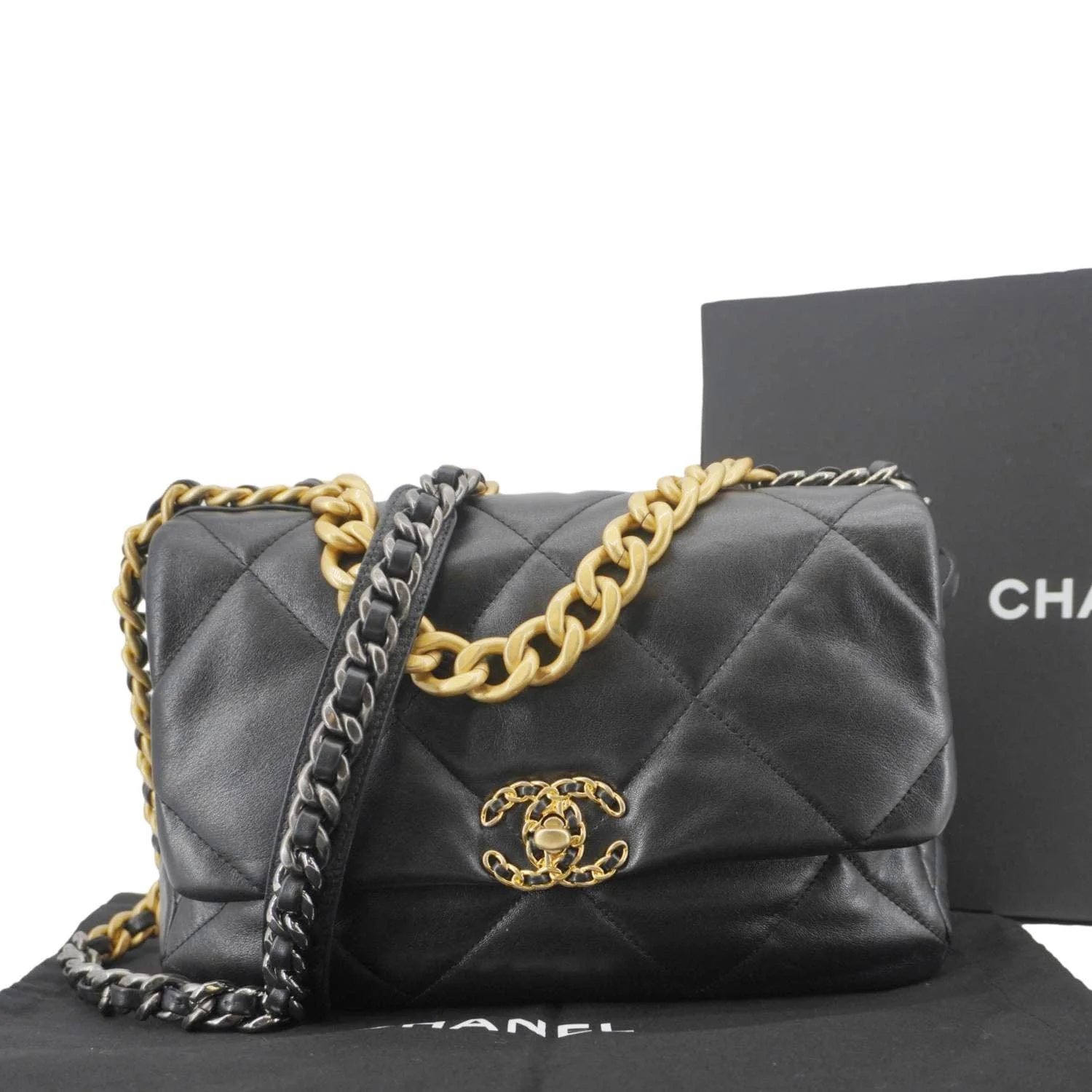 CHANEL 19 Flap Large Lambskin Leather Shoulder Bag Black - Image 3