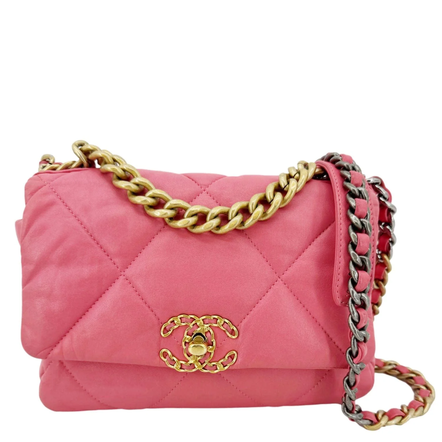 CHANEL 19 Flap Large Quilted Lambskin Leather Shoulder Bag Pink - Image 3