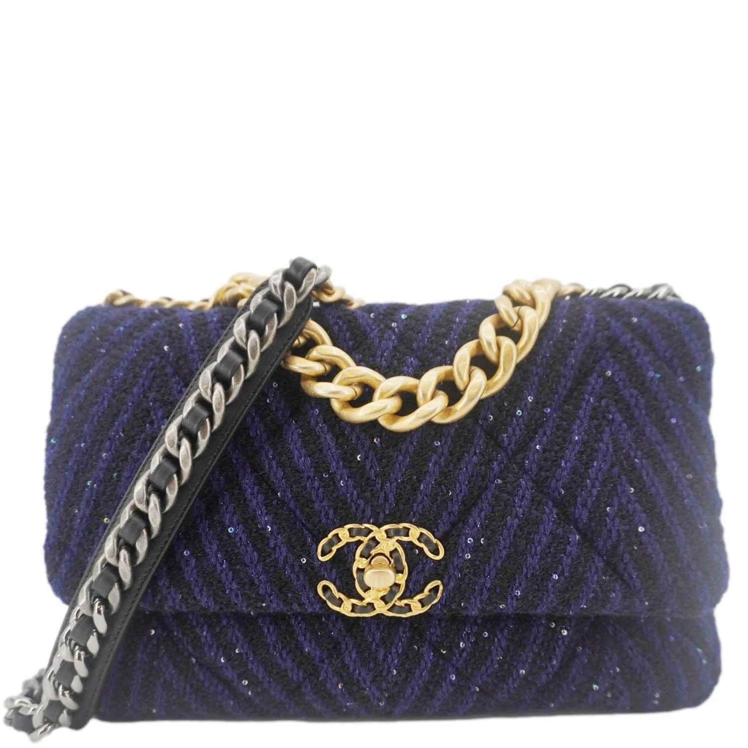 CHANEL 19 Flap Quilted Tweed Sequins Shoulder Bag Navy Blue