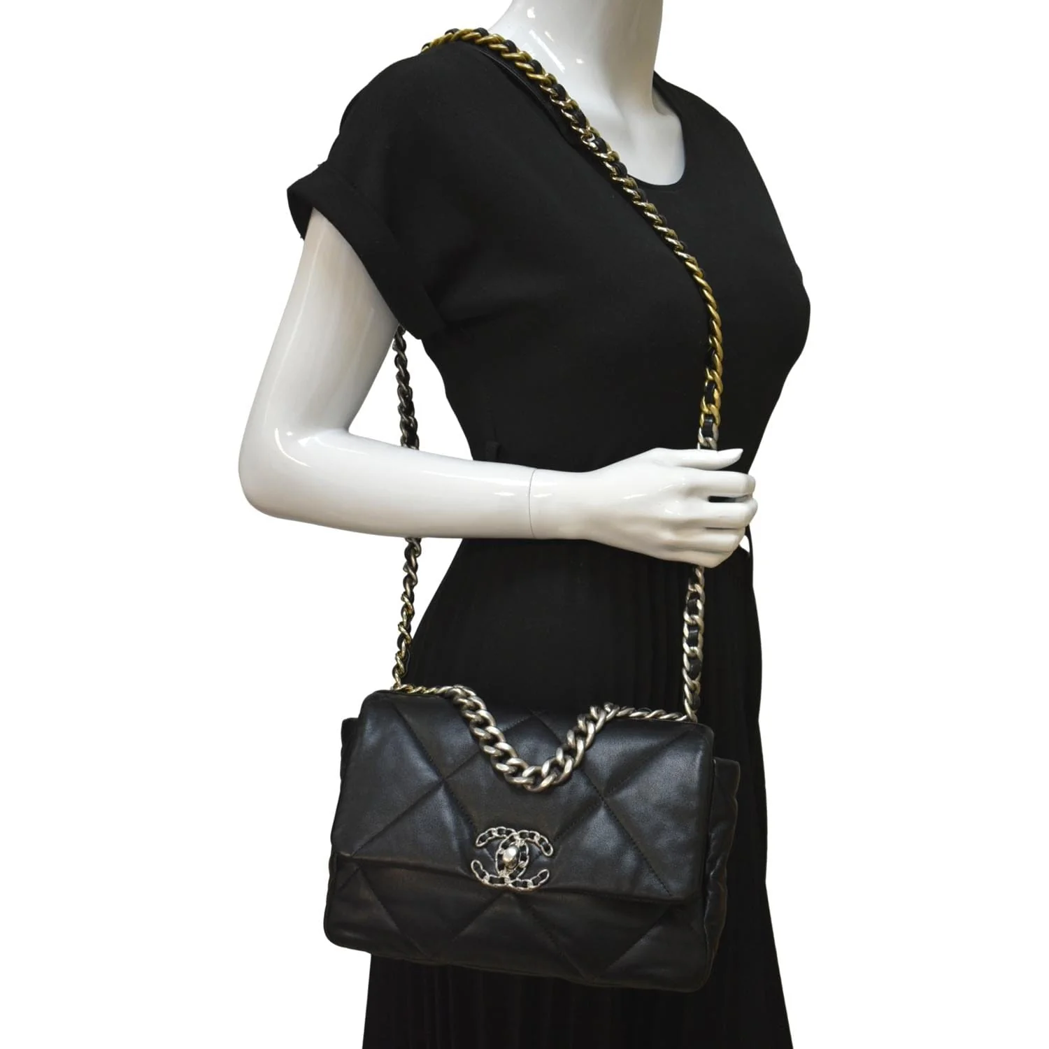 CHANEL 19 Small Flap Quilted Lambskin Leather Shoulder Bag Black - Final Sale - Image 2