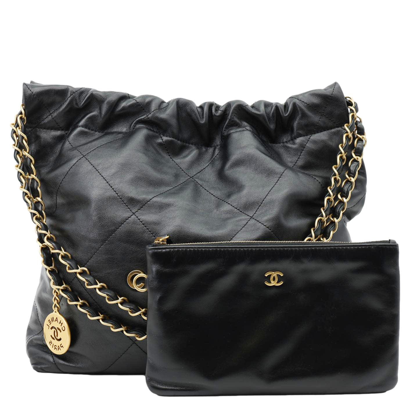 CHANEL 22 Small Shiny Calfskin Leather Chain Crossbody Bag Black - Image 3