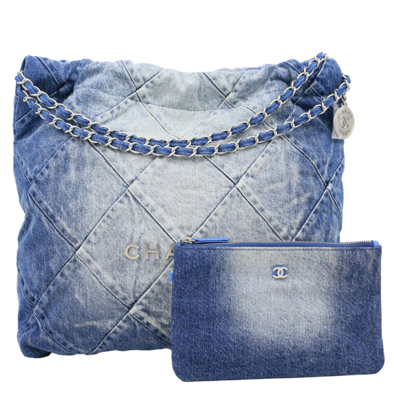 CHANEL 22 Quilted Denim Shoulder Bag Blue