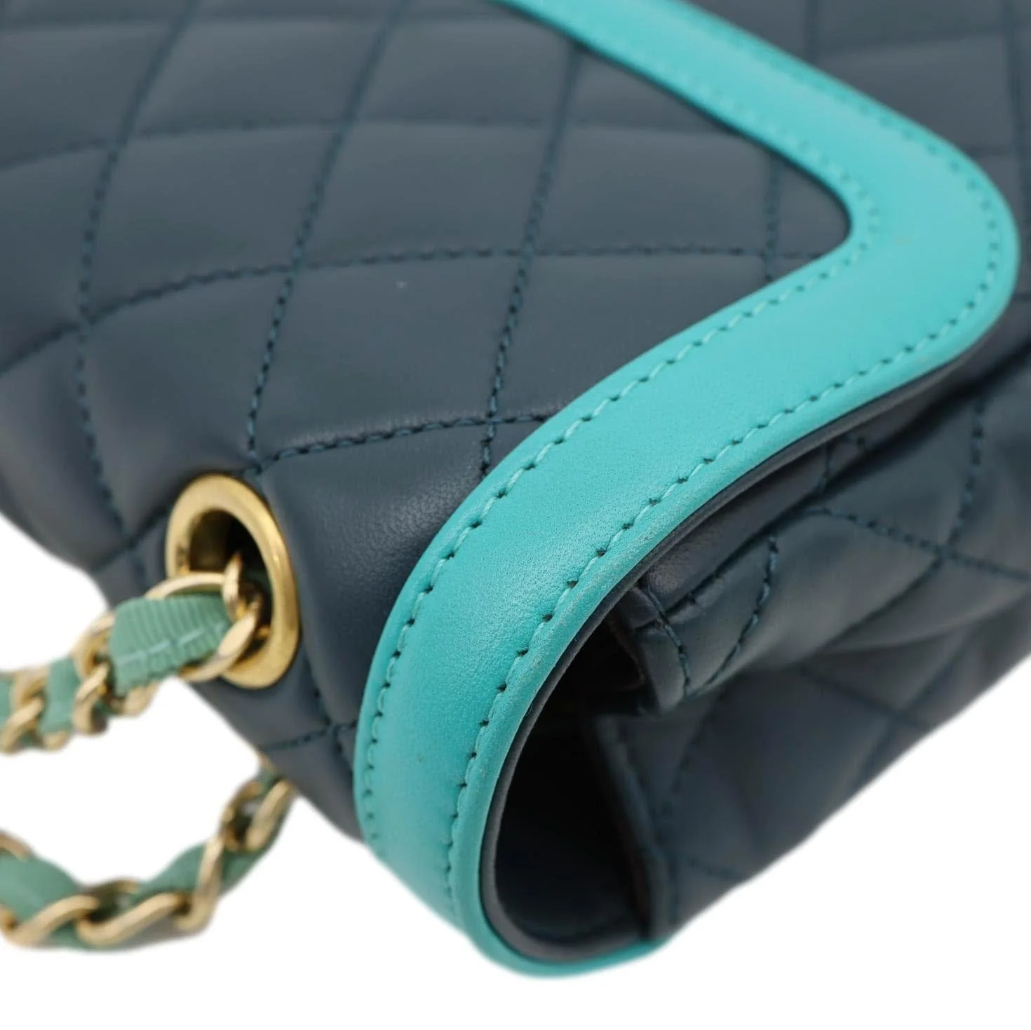 CHANEL Bi-Color Flap Quilted Lambskin Leather Crossbody Bag Turquoise - Image 7