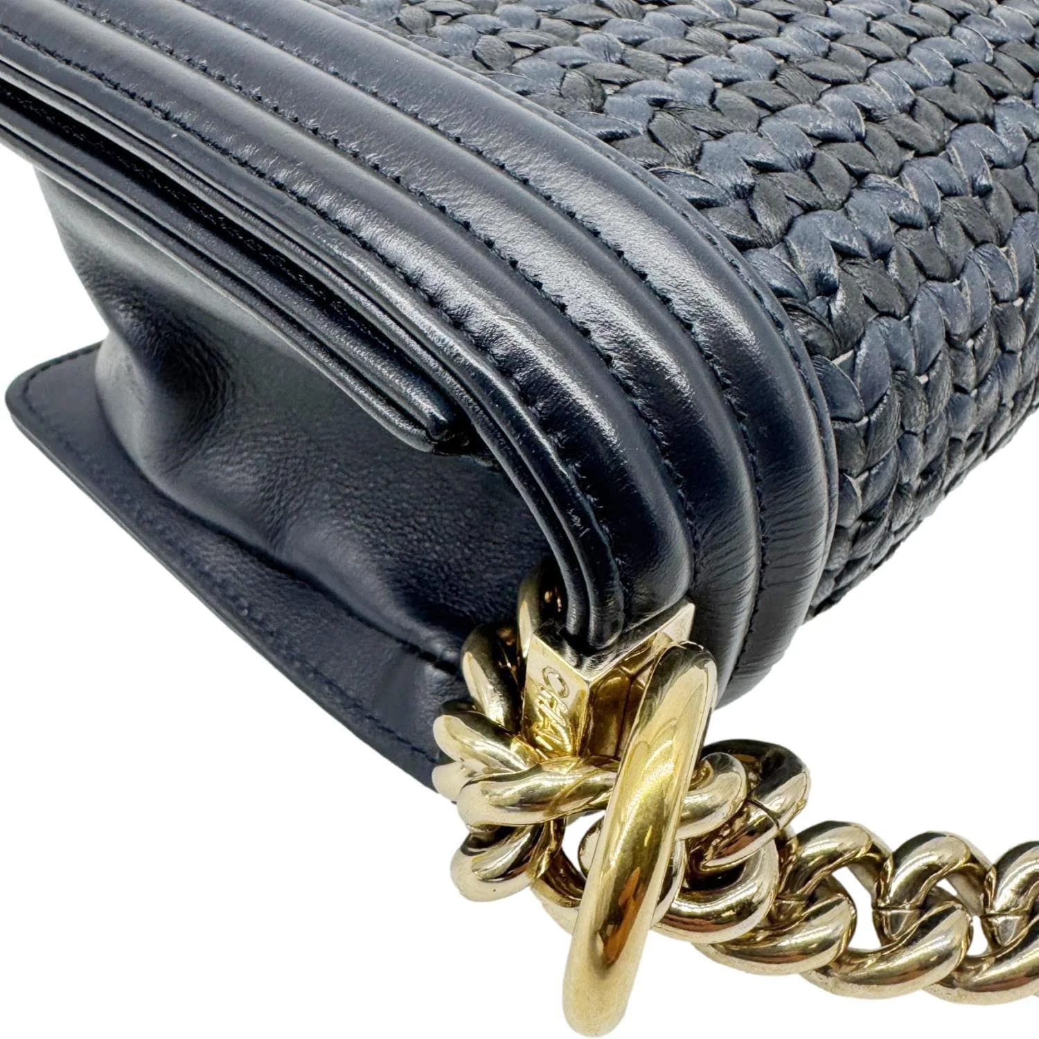 CHANEL Boy Small Braided Leather Shoulder Bag Navy Blue - Image 7