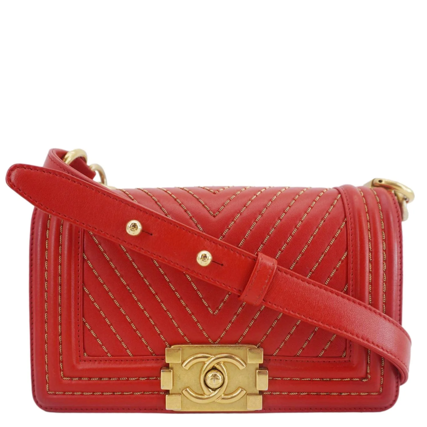CHANEL Boy Flap Small Chevron Leather Shoulder Bag Red - Image 3