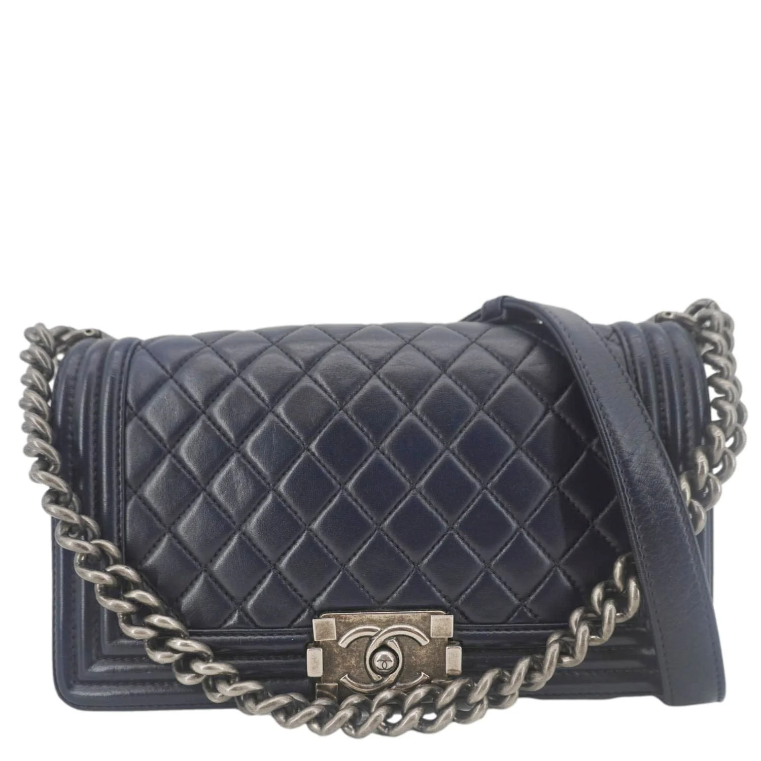 CHANEL Boy Flap Medium Quilted Lambskin Leather Crossbody Bag Navy Blue