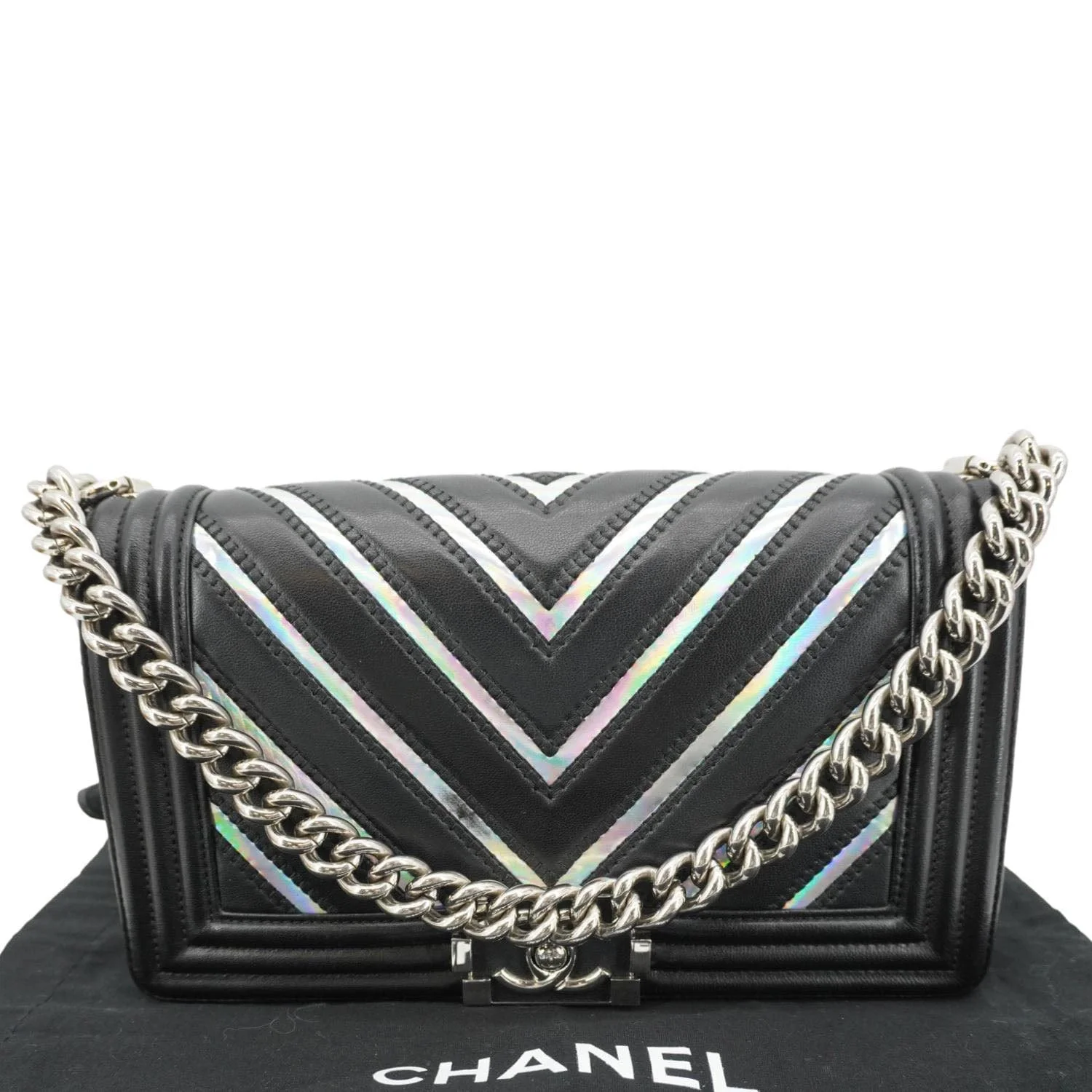 CHANEL Boy Flap Chevron Leather with Holographic PVC Crossbody Bag Black - Image 3