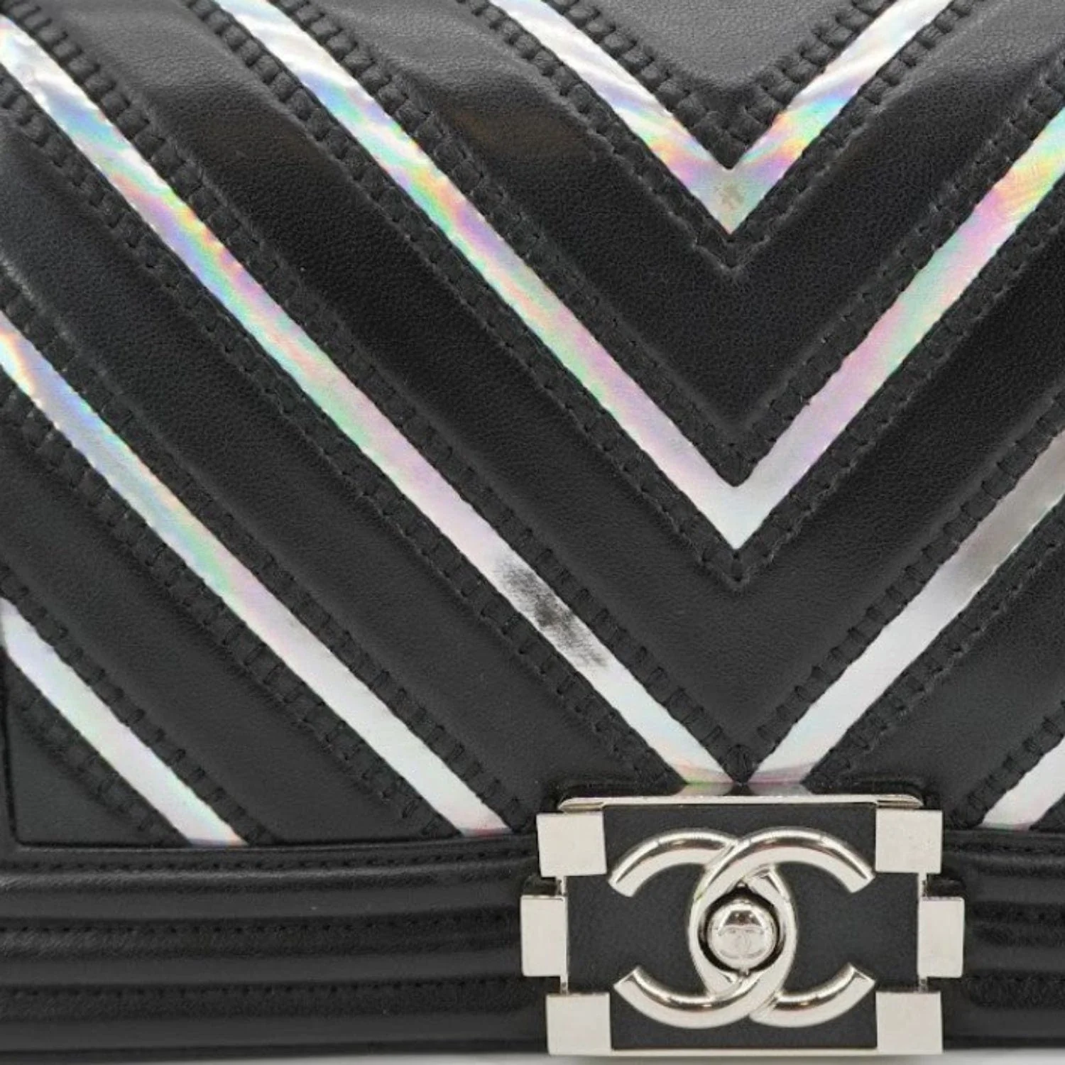CHANEL Boy Flap Chevron Leather with Holographic PVC Crossbody Bag Black - Image 5