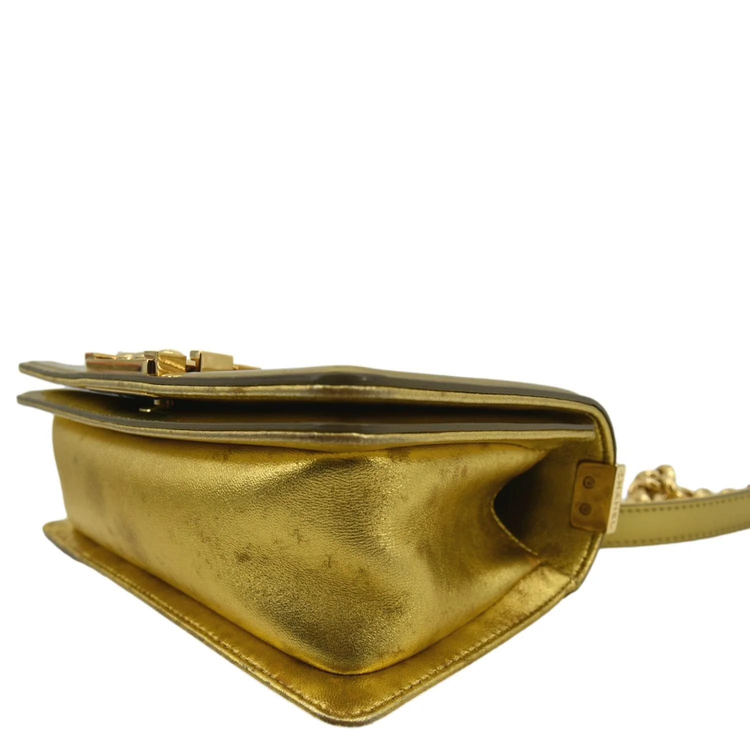CHANEL Boy Flap Quilted Patent Leather Crossbody Bag Metallic Gold - Image 7