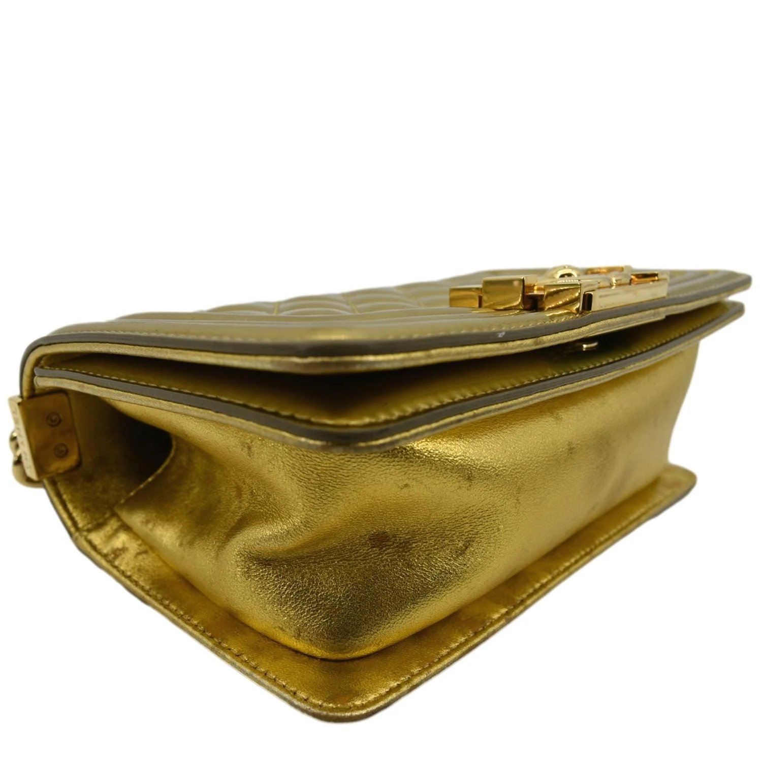 CHANEL Boy Flap Quilted Patent Leather Crossbody Bag Metallic Gold - Image 8