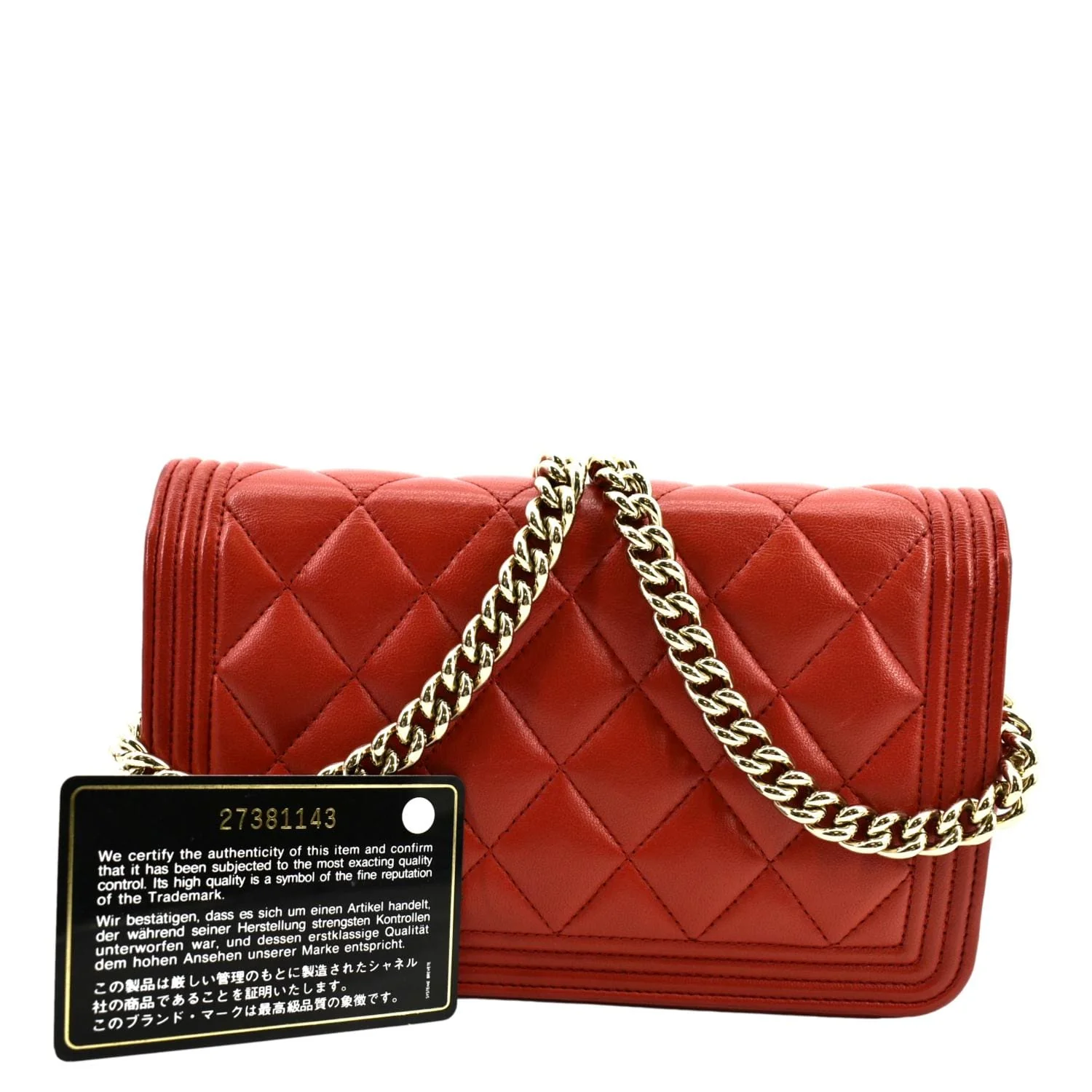 CHANEL Boy Woc Quilted Calfskin Leather Wallet On Chain Clutch Bag Red - Image 3