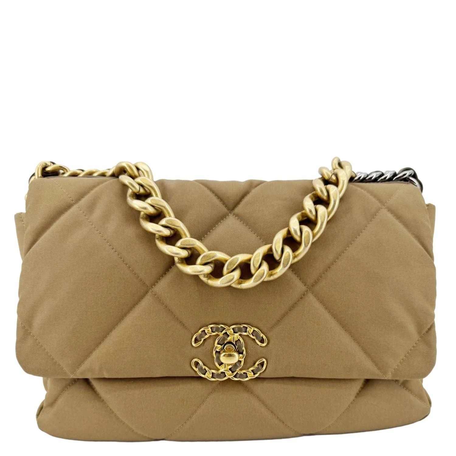 CHANEL 19 Flap Large Quilted Canvas Shoulder Bag Brown - Image 3