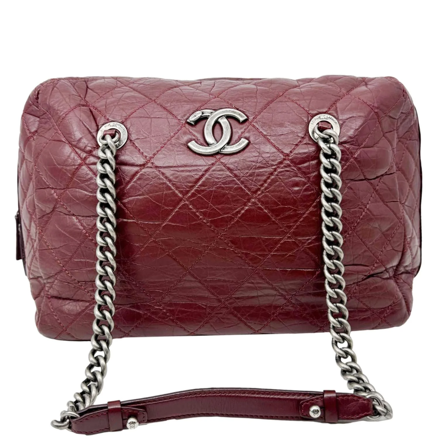 CHANEL Secret Large Aged Calfskin Quilted Leather Tote Bowling Bag Burgundy - Image 3
