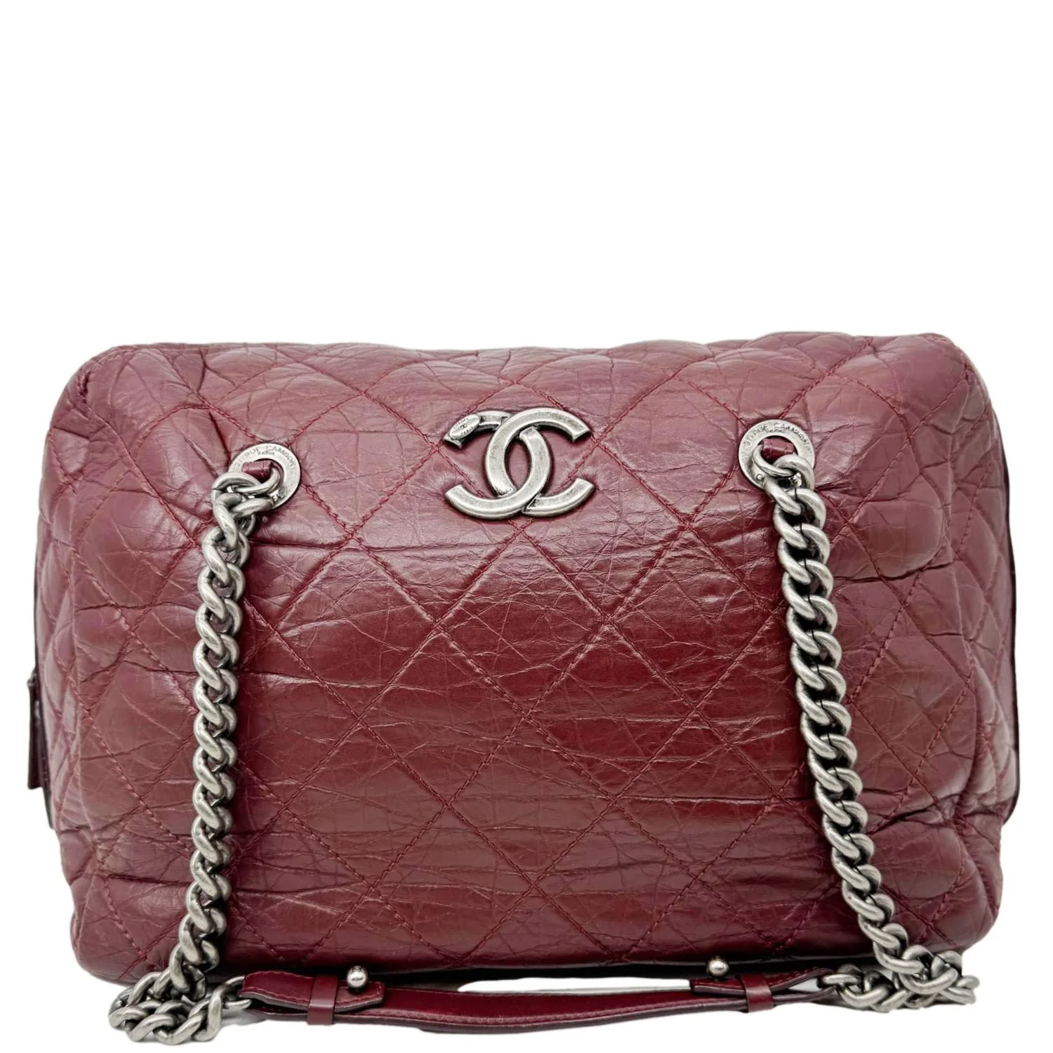 CHANEL Secret Large Aged Calfskin Quilted Leather Tote Bowling Bag Burgundy - Image 4
