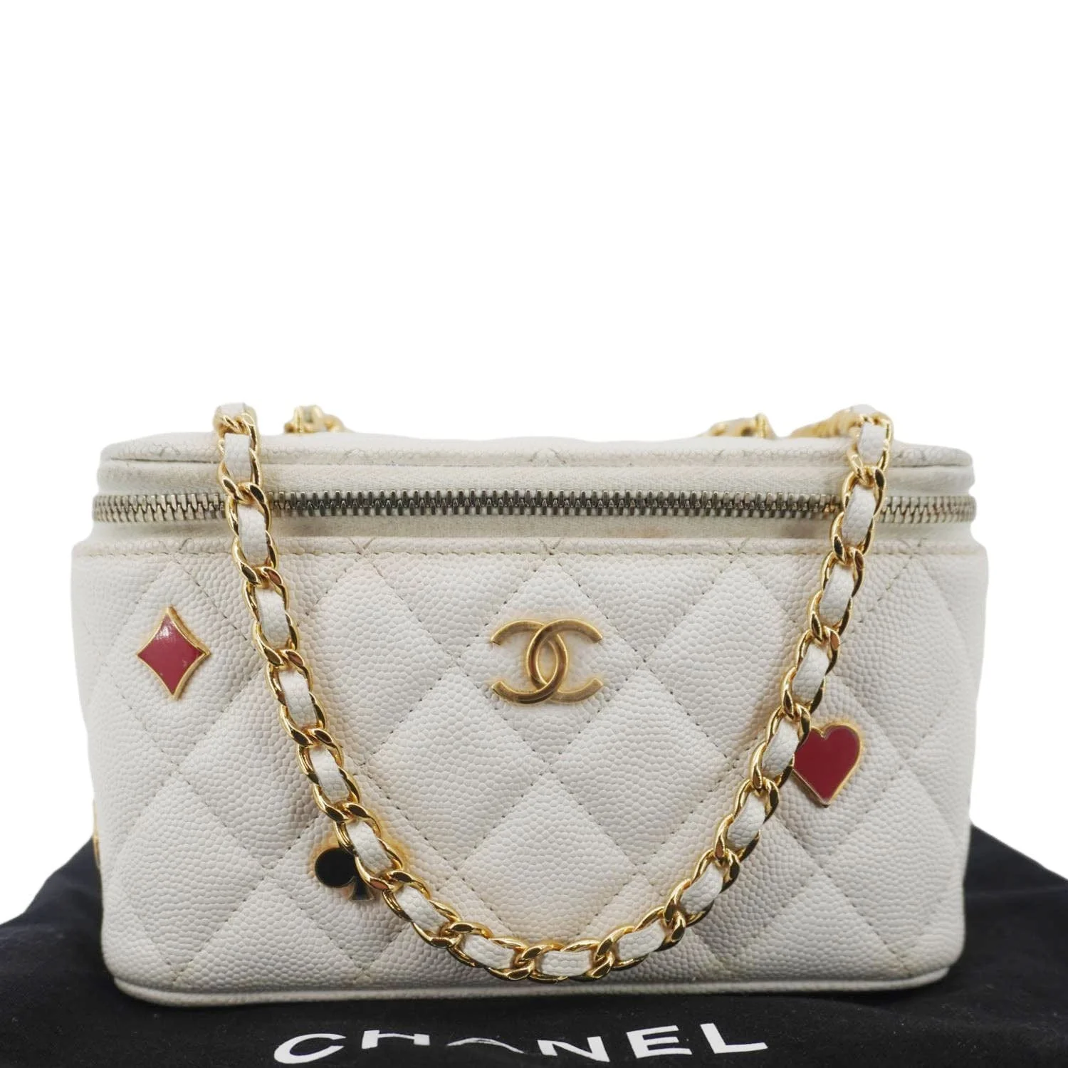 CHANEL Coco Casino Small Quilted Caviar Leather Chain Vanity Case White - Image 3