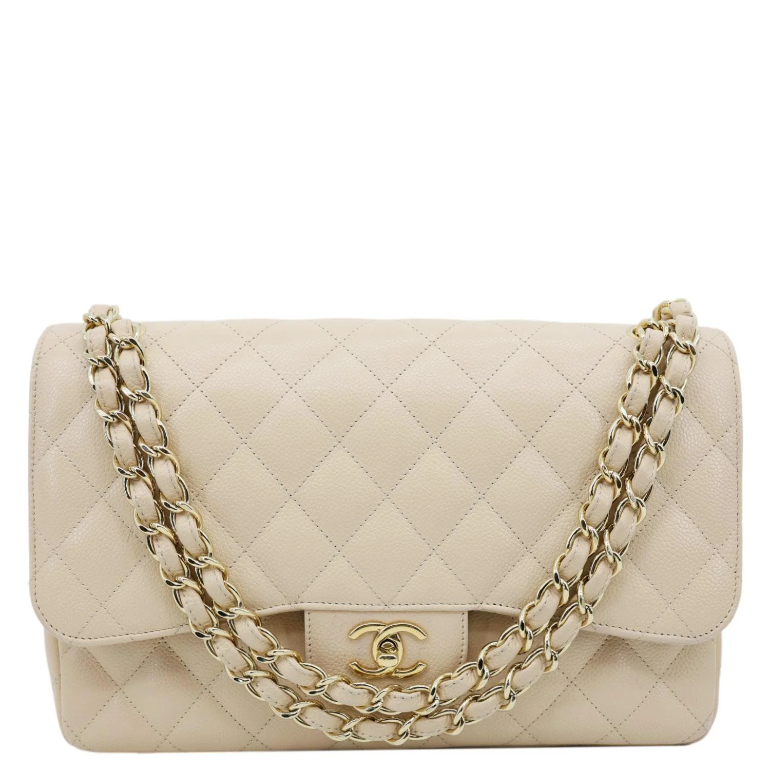 CHANEL Jumbo Classic Double Flap Caviar Leather Shoulder Bag Beige