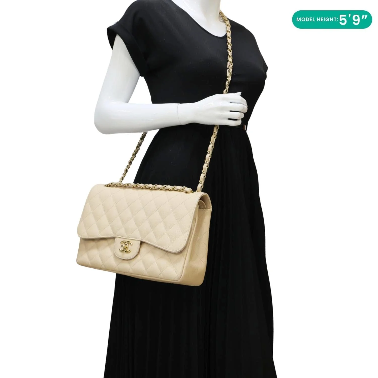 CHANEL Jumbo Classic Double Flap Caviar Leather Shoulder Bag Beige - Image 2