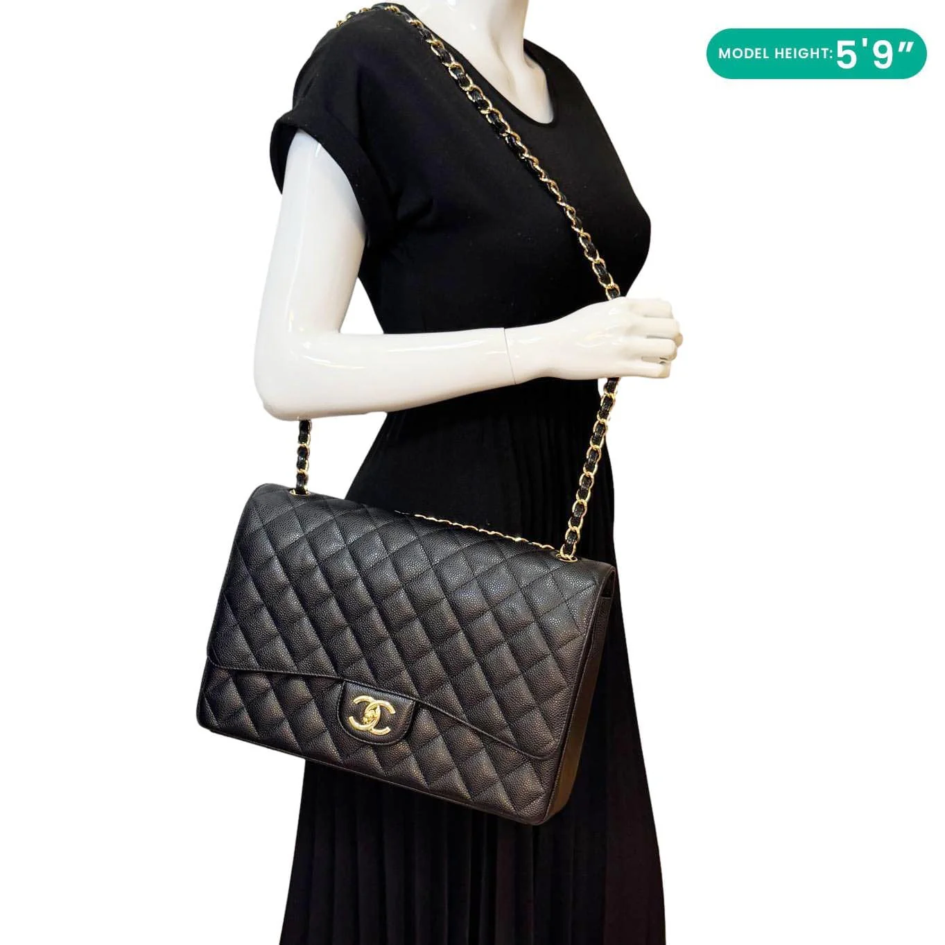 CHANEL Maxi Classic Double Flap Caviar Leather Shoulder Bag Black - Image 2