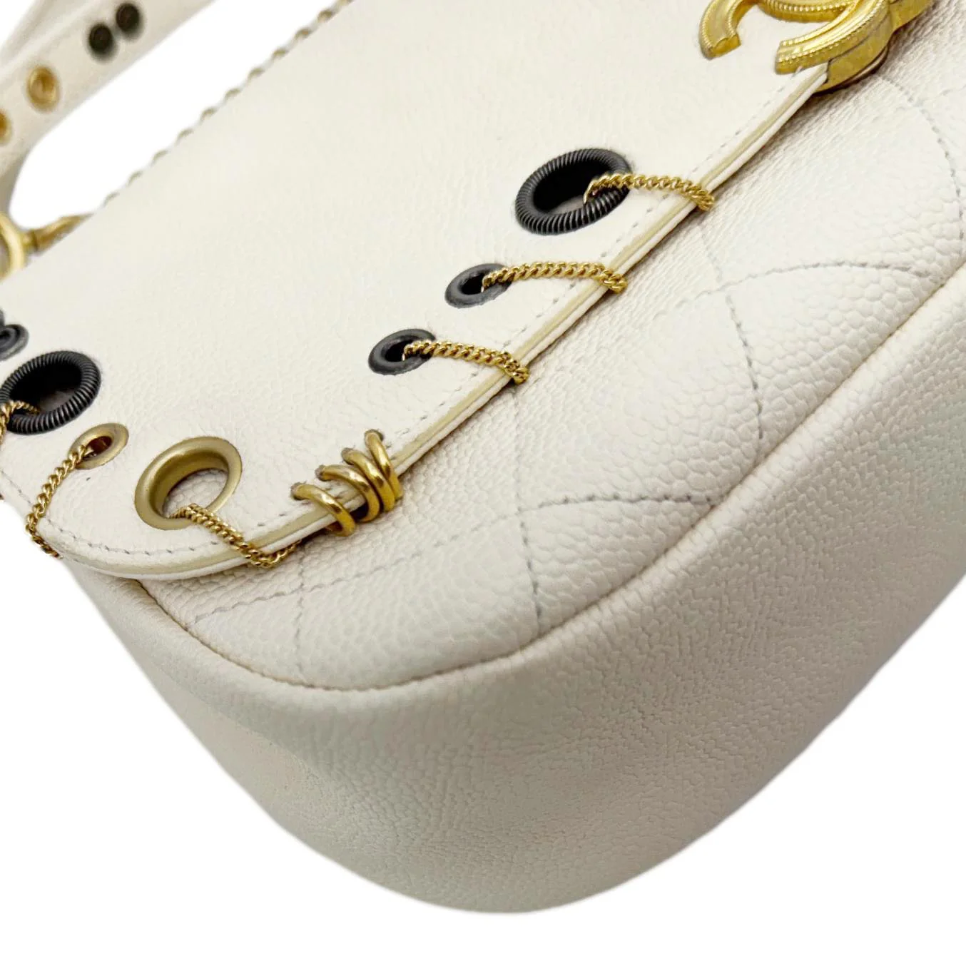 CHANEL Grommet Embellished Chic Flap Quilted Caviar Leather Crossbody Bag Ivory - Image 8